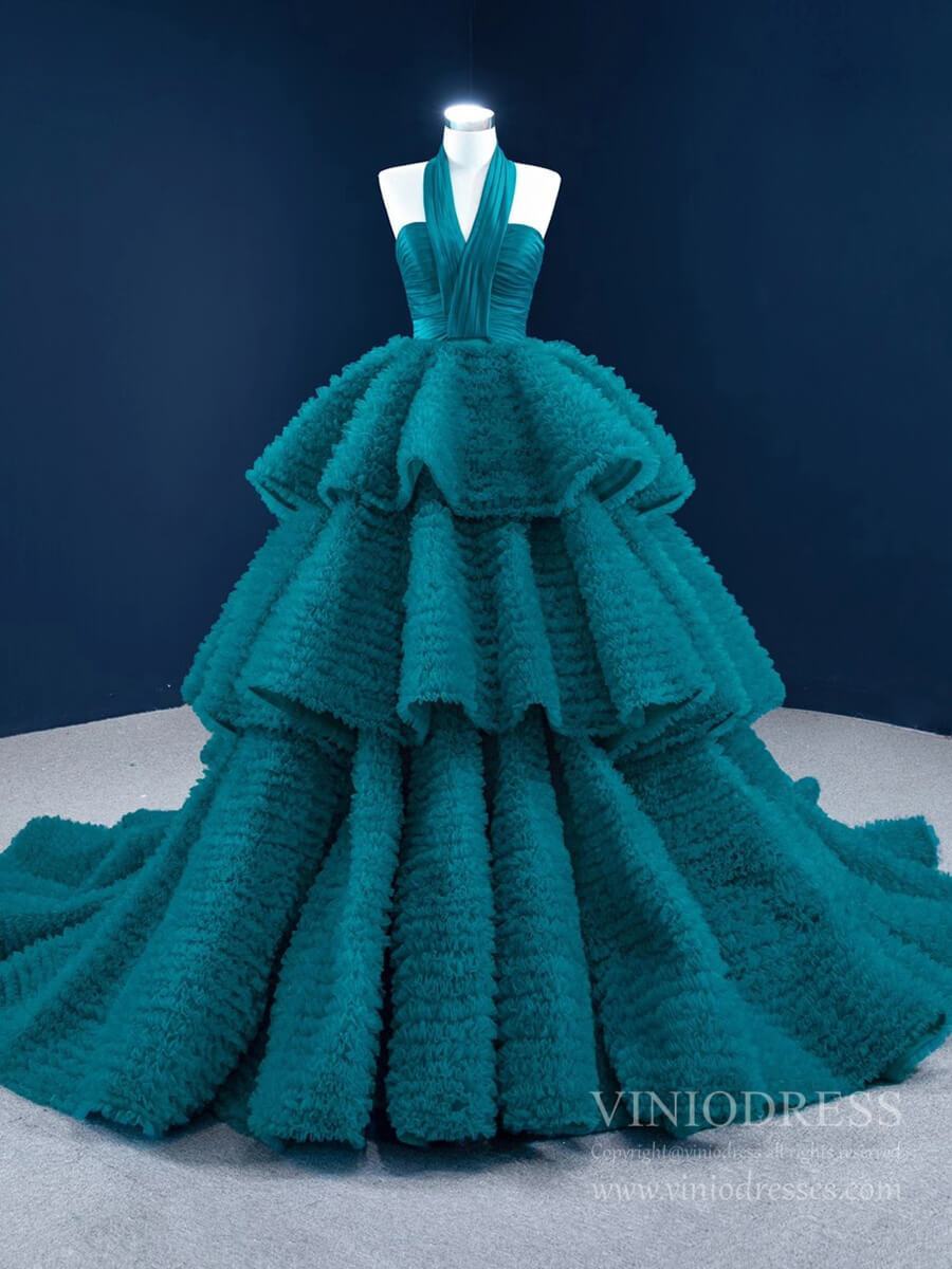 Haute Couture Peacock Blue Quince Dress Halter Ball Gown Prom Dresses –  Viniodress