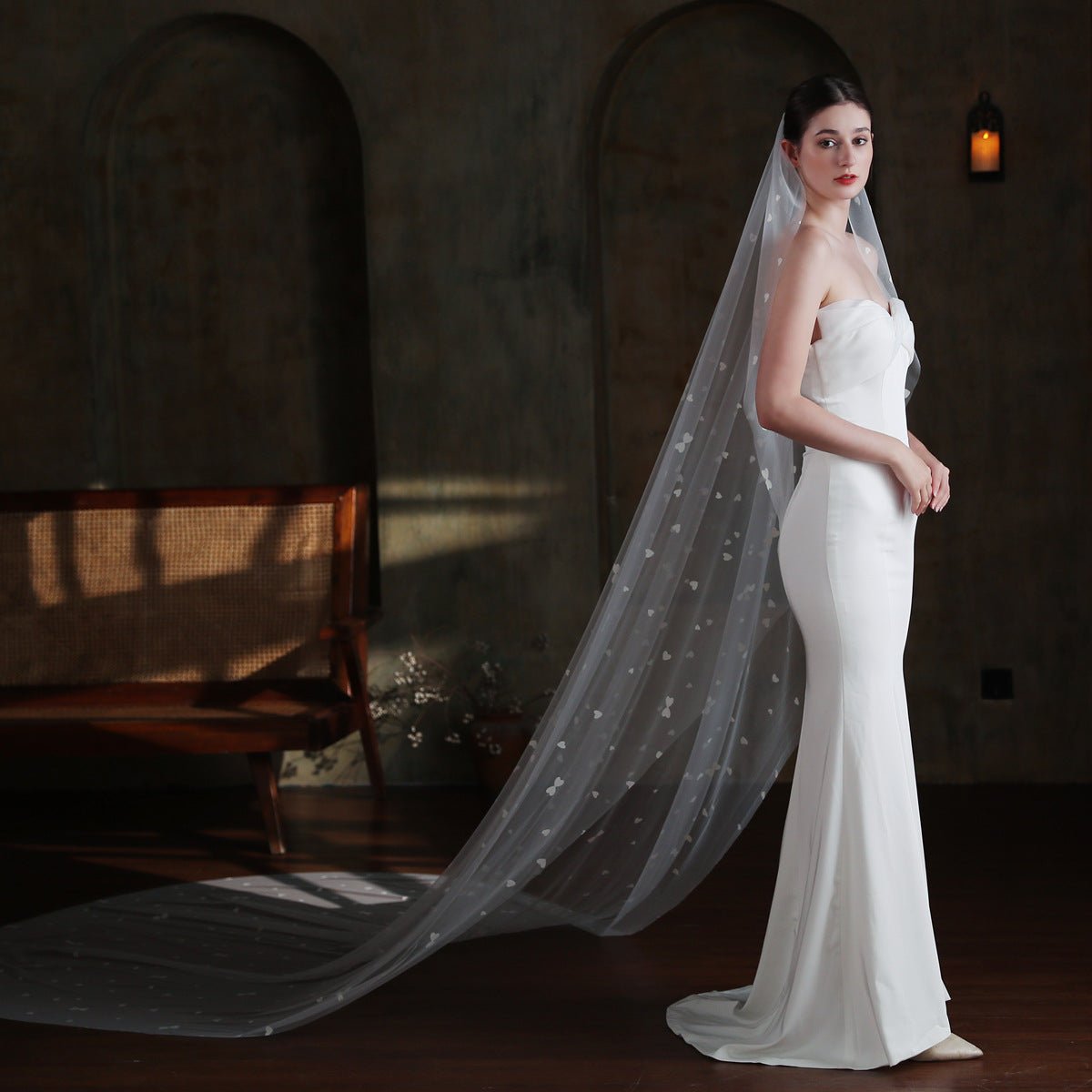 Heart Printed Tulle Bridal Veil Cathedral Length Viniodress V873-Bridal Veil 2025 -Viniodress-Ivory-300cm-