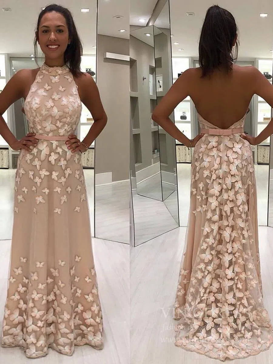 High Neck 3D Butterfly Junior Prom Dresses Backless Formal Dress FD1687-prom dresses 2025 -Viniodress-Blush Pink-US 2-