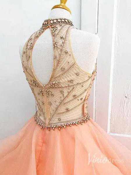 High Neck Beaded Quinceanera Dresses Princess Ball Gowns FD1314-prom dresses 2025 -Viniodress-Blush Pink-Custom Size-