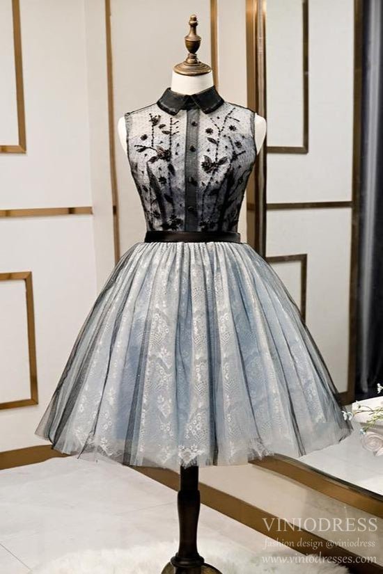 High Neck Black Light Blue Lace Homecoming Dresses Beaded SD1371 –  Viniodress