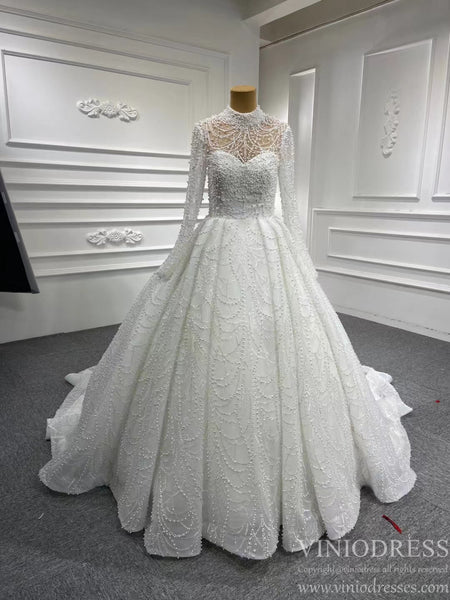 High Neck Pearl Lace Wedding Gown with Long Sleeves 67129 Viniodress