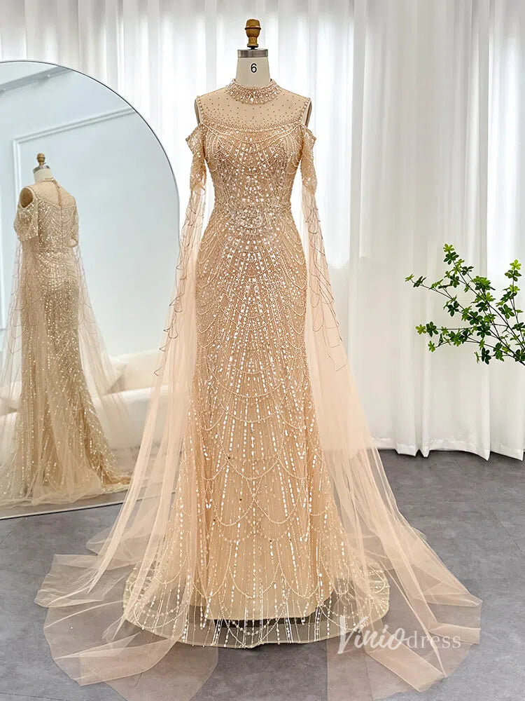 Hight Neck Light Blue Evening Dresses Extra Long Sleeve 20s Formal Gown FD1533-Evening Dresses 2025 -Viniodress-Light Blue-US 2-