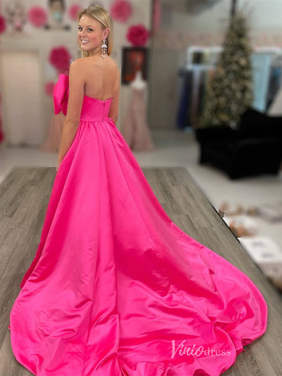 Hot Pink Bow-Tie Satin Prom Dresses Strapless Chapel Train Formal Gown FD398-prom dresses 2025 -Viniodress-Hot Pink-Custom Size-