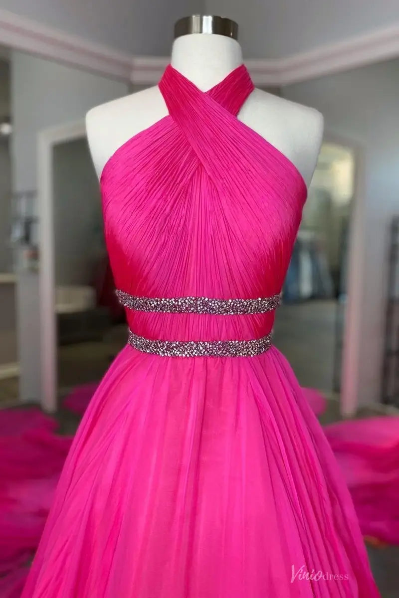 Hot Pink Chiffon Pageant Dress with Halter Neck, Ruched Bodice & Crystal Waistband – PG014-Pageant Dress 2026-Viniodress-Hot Pink-Custom Size-