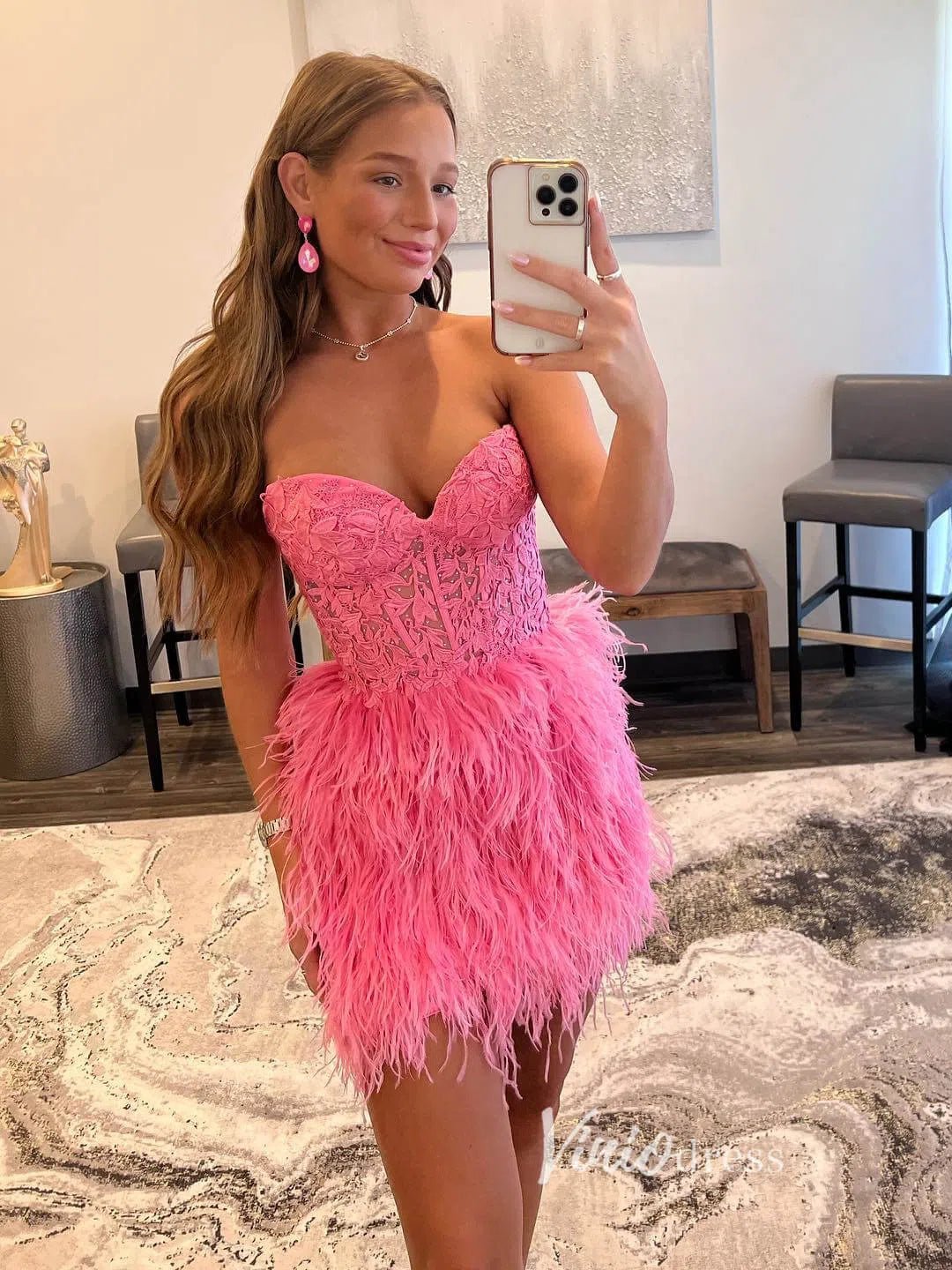 strapless open back dress Hot Pink Feather Homecoming Dress