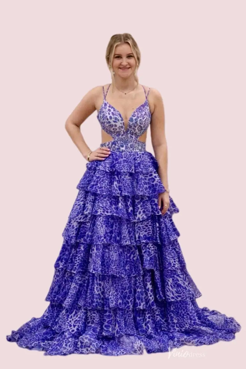Hot Pink Leopard Print Prom Dress with Deep V, Side Cutouts, Ruffle Train & High Slit – RF104-prom dresses 2026-Viniodress-Lavender-Custom Size – Add Measurements in Cart-