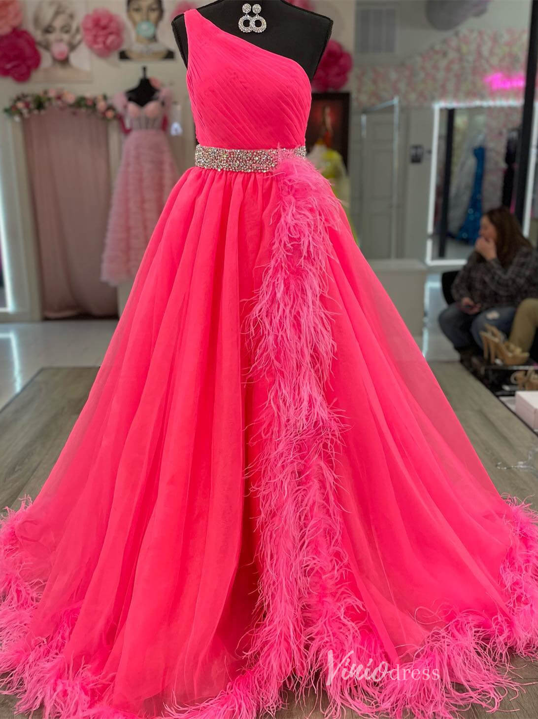 Hot Pink One Shoulder Pleated Prom Dresses Feather Slit Beaded Waist F Viniodress Hot Pink One Shoulder Pleated Prom Dresses Feather Slit Beaded Waist F Viniodress