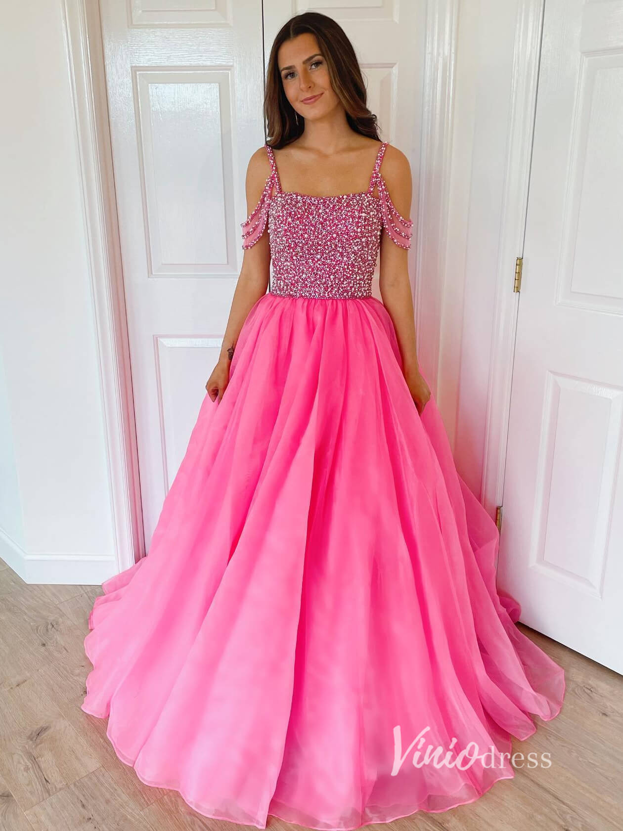 Hot Pink Organza Prom Dresses Beaded Cold Shoulder Evening Dress FD292 Viniodress Hot Pink Organza Prom Dresses Beaded Cold Shoulder Evening Dress FD292 Viniodress