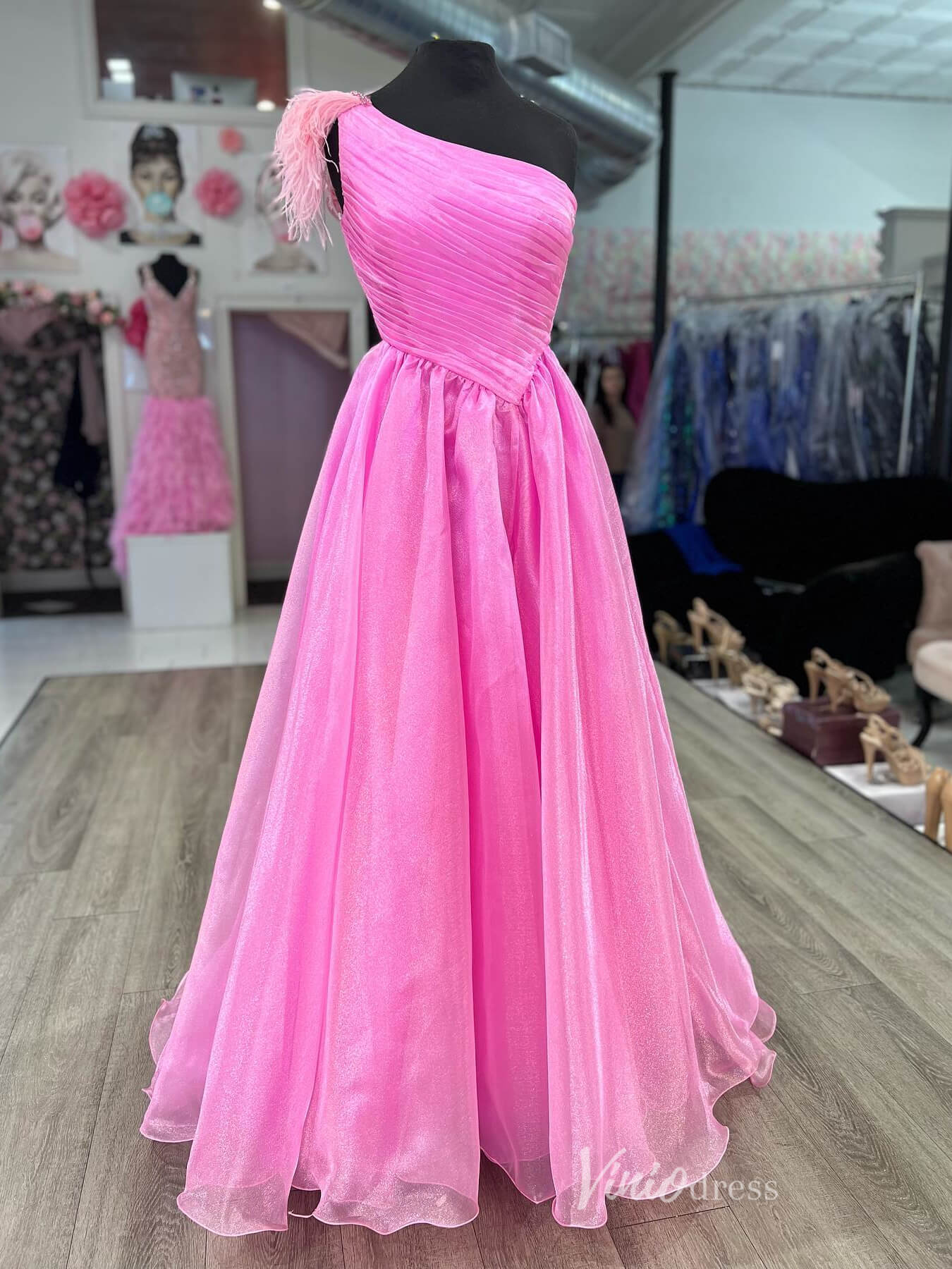 Hot Pink Organza Prom Dresses One Shoulder Pleated Bodice FD4020 –  Viniodress