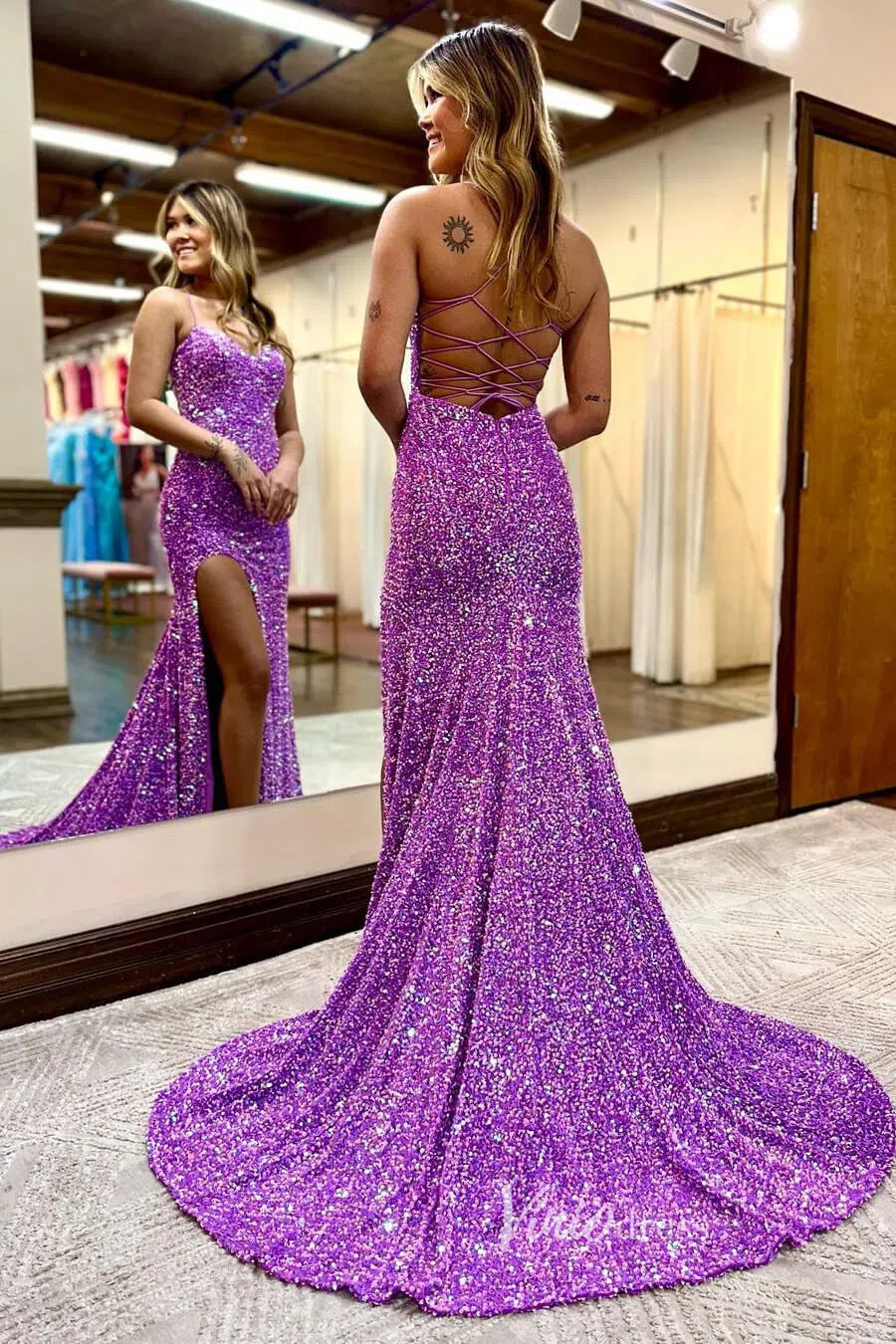 Hot Pink Sequin Prom Dresses with Slit, Lace-up Back, Spaghetti Strap Formal Dresses FD1438-prom dresses 2025 -Viniodress-Hot Pink-Custom Size-