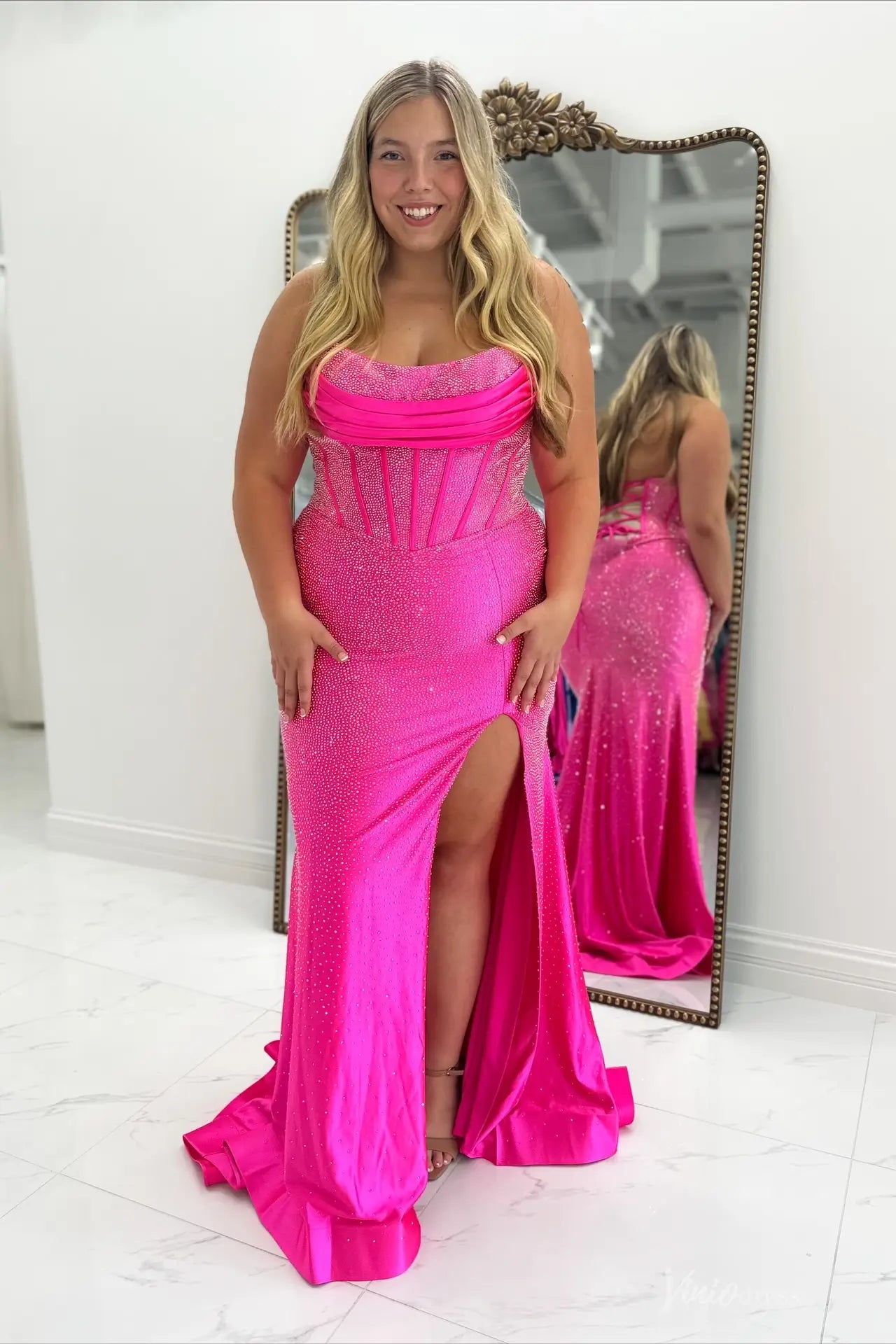 open lace back dress Cowl Neck Evening Gown With Stretch Lace Corset Detailing And Ruching main image 1
