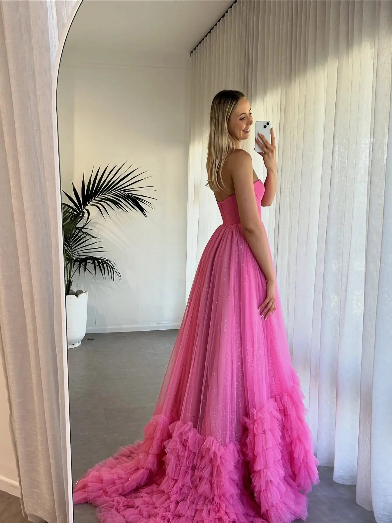 Hot Pink Strapless Tulle Ball Gown – Ruffle Hem & Glitter Fabric | FD6110-prom dresses 2025 -Viniodress-Hot Pink-Custom Size-