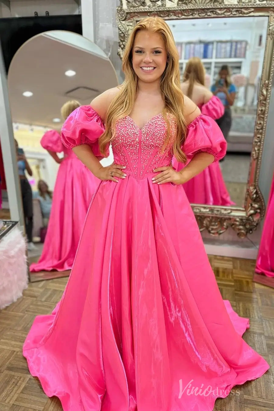 Hot Pink Sweetheart Ball Gown with Puff Sleeves and Beaded Bodice AS001 Viniodress Hot Pink Sweetheart Ball Gown with Puff Sleeves and Beaded Bodice AS001 Viniodress