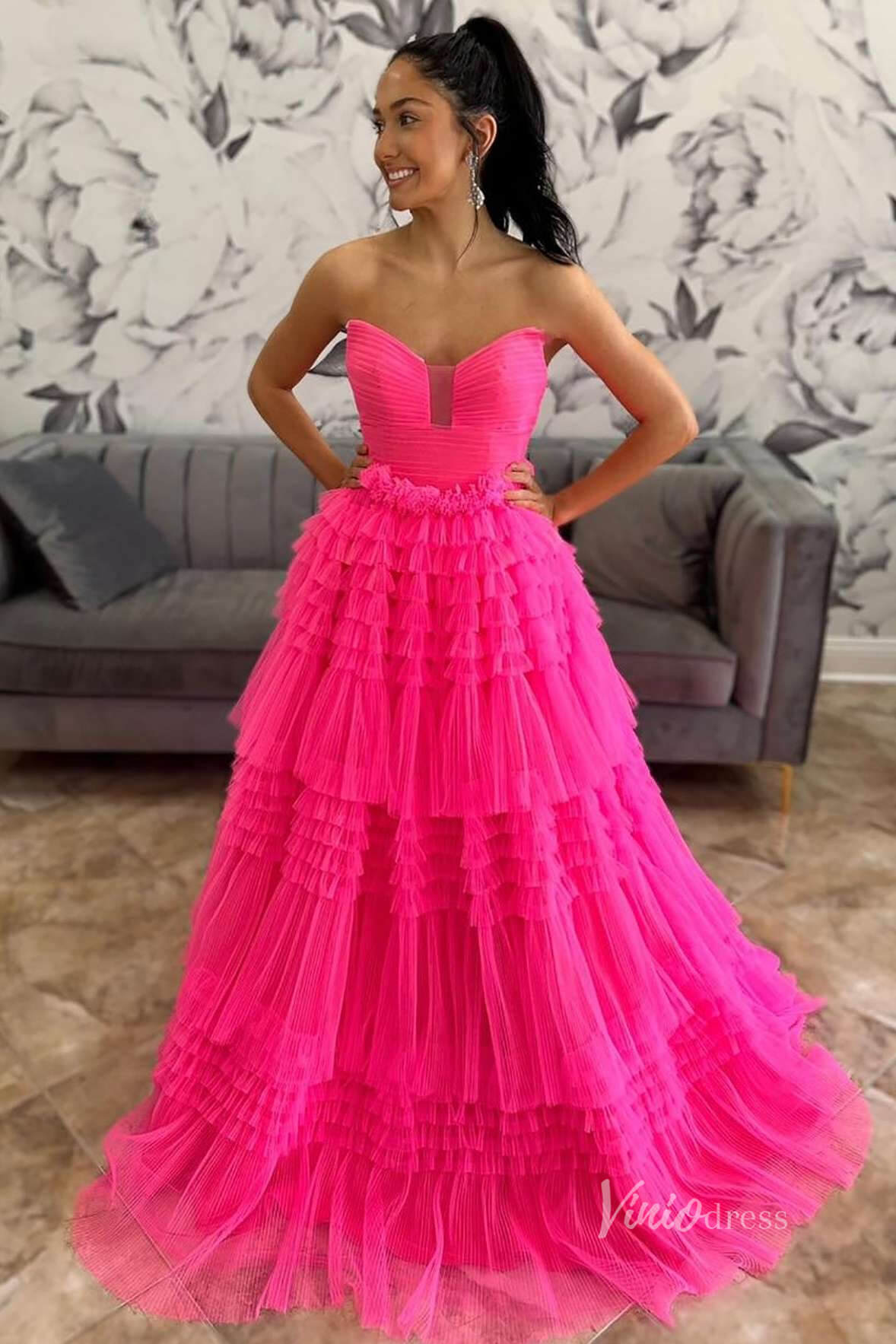 Hot Pink Tiered Ruffled Prom Dresses Strapless Tulle Pleated Bodice FD4016-prom dresses 2025 -Viniodress-Hot Pink-Custom Size-