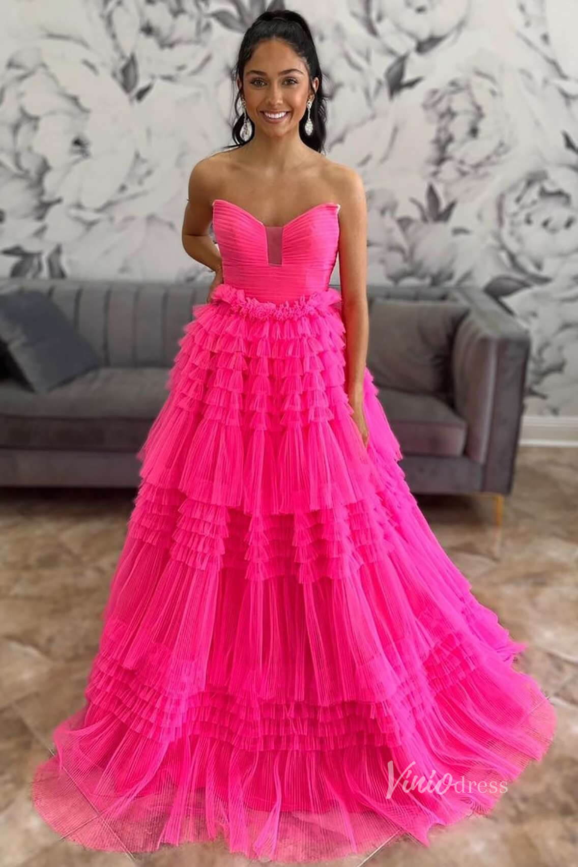 Hot Pink Tiered Ruffled Prom Dresses Strapless Tulle Pleated Bodice FD Viniodress Hot Pink Tiered Ruffled Prom Dresses Strapless Tulle Pleated Bodice FD Viniodress