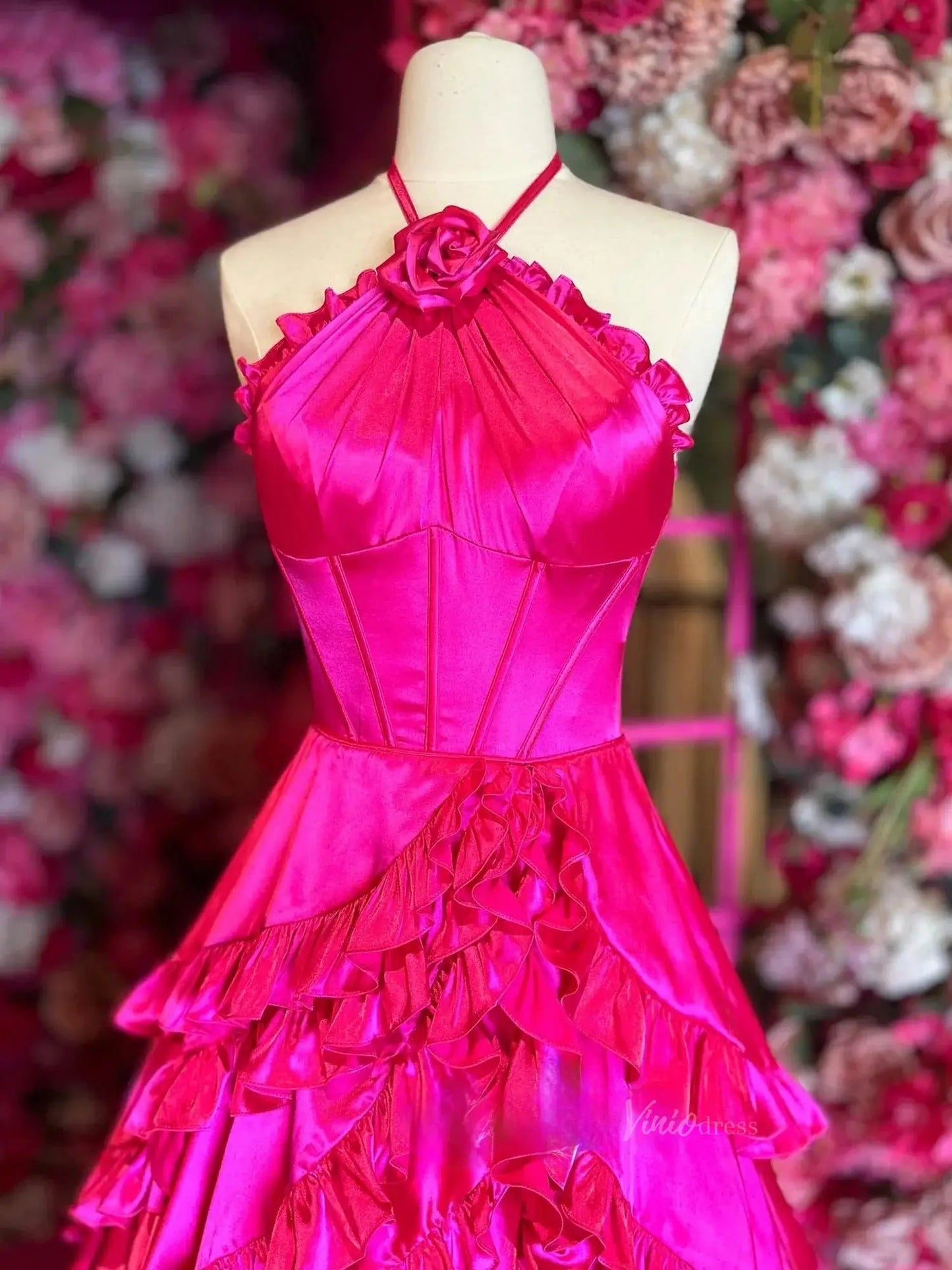 Hot Pink Tiered Satin Prom Dresses Halter Neck 3D Flower Formal Dresses - FD3704-prom dresses 2025 -Viniodress-Pink-Custom Size-