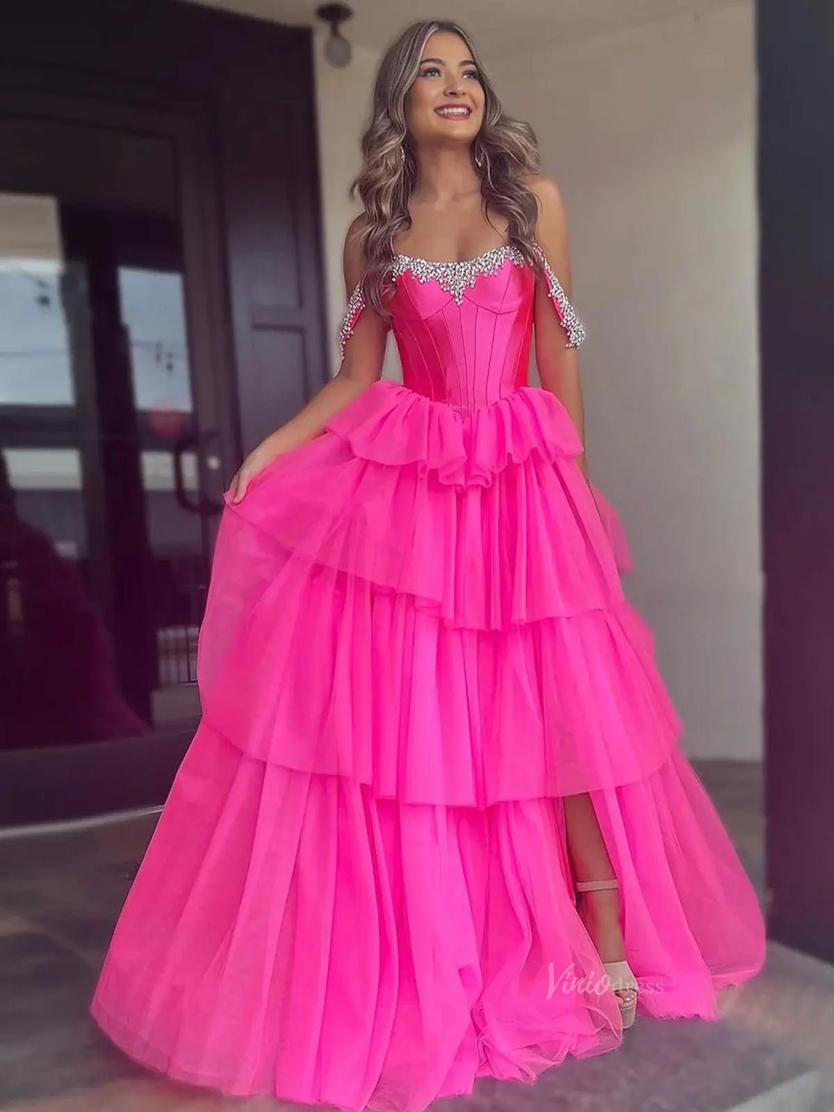 Hot Pink Tiered Tulle Prom Dresses with Slit Off the Shoulder Beaded N Viniodress Hot Pink Tiered Tulle Prom Dresses with Slit Off the Shoulder Beaded N Viniodress