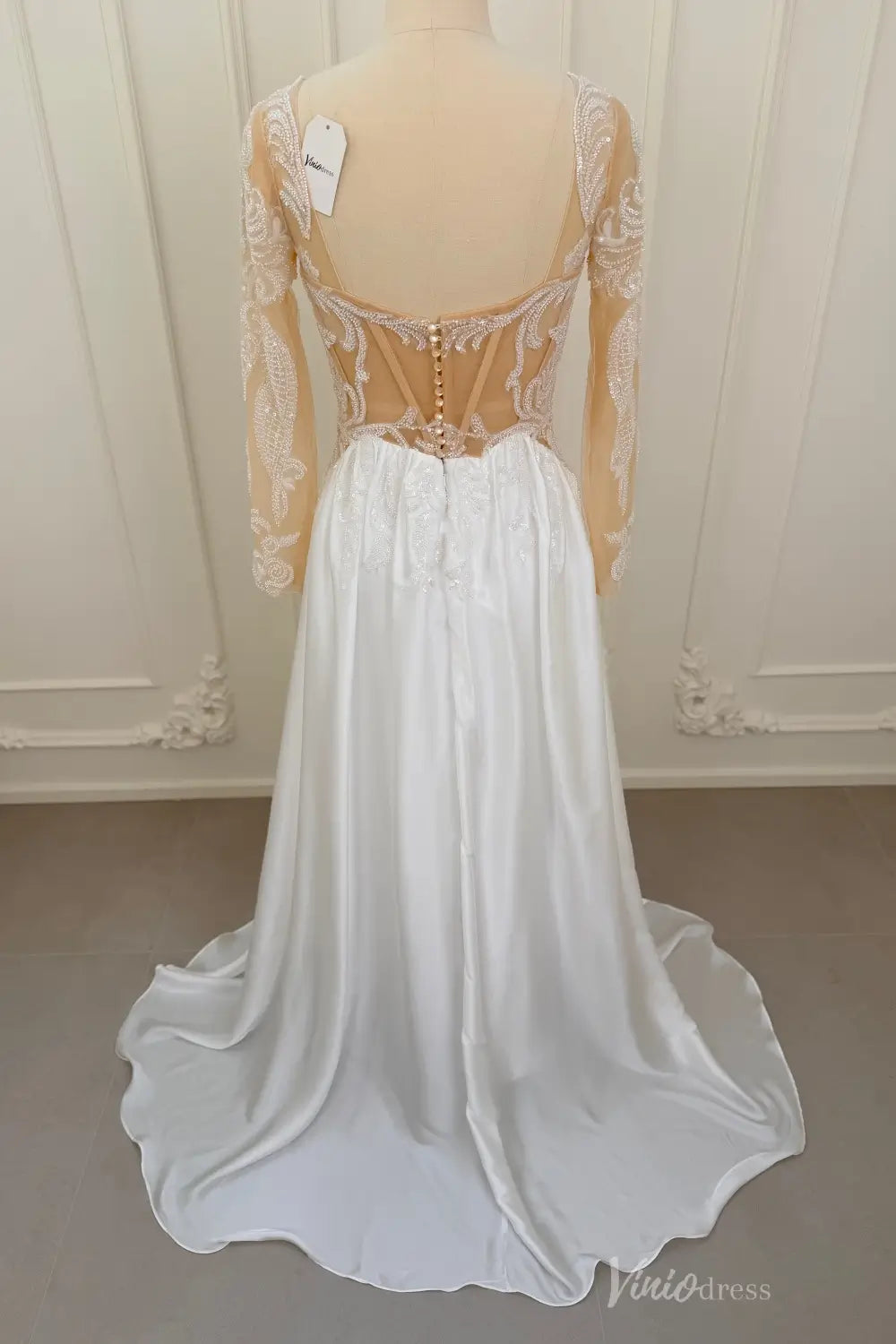 Ivory Beaded Lace A-Line Wedding Dress with Illusion Long Sleeves, Deep V Back & Chiffon Slit Skirt – LA160-wedding dresses 2026-Viniodress-Ivory-Custom Size – Add Measurements in Cart-