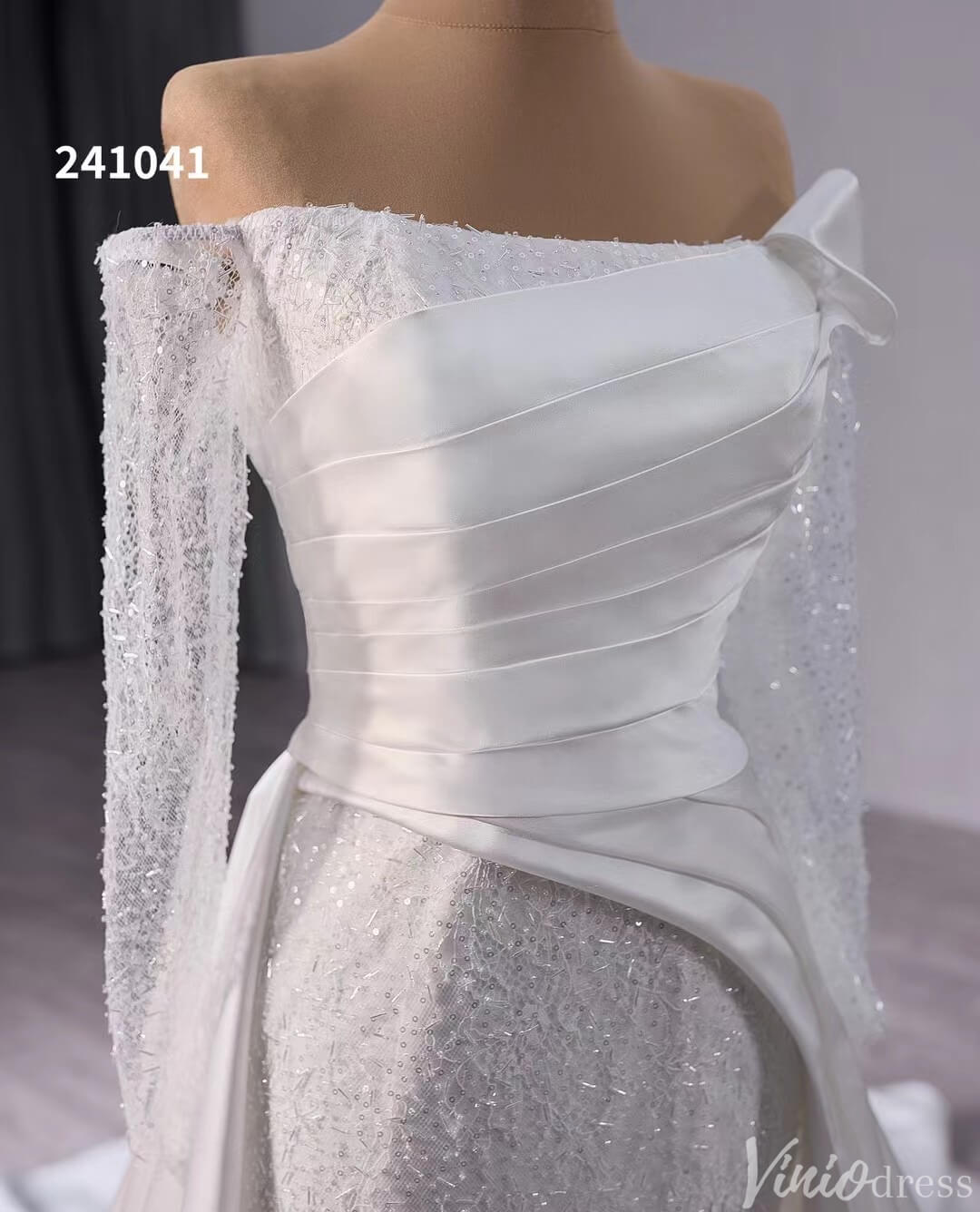 Ivory Beaded Mermaid Wedding Gown with Overskirt Off the Shoulder Bridal Dress 241041-wedding dresses 2025 -Viniodress-Ivory-Custom Size-