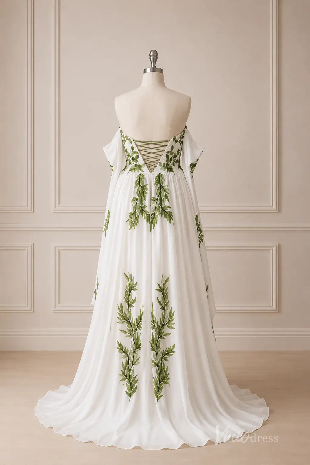 Ivory Chiffon Wedding Dress with Green Leaf Appliqués, Draped Off-Shoulder Sleeves & Sweetheart Neckline – FW283-wedding dresses 2026-Viniodress-Meadow Green-Custom Size – Add Measurements in Cart-