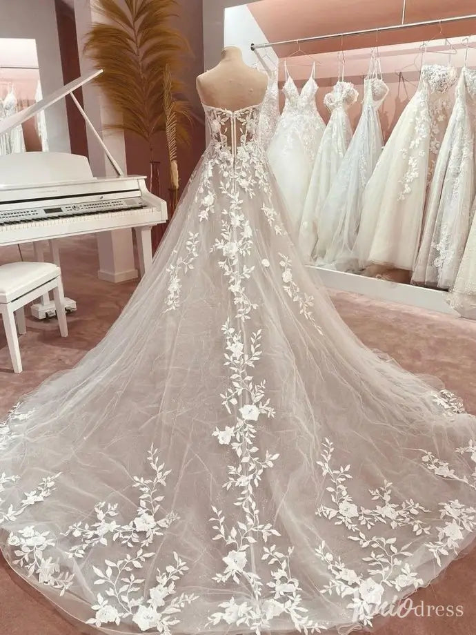 Ivory Floral Appliqué A-Line Wedding Dress with Strapless Sheer Corset,  Puff Sleeves & Cathedral Train – LA134 – Viniodress