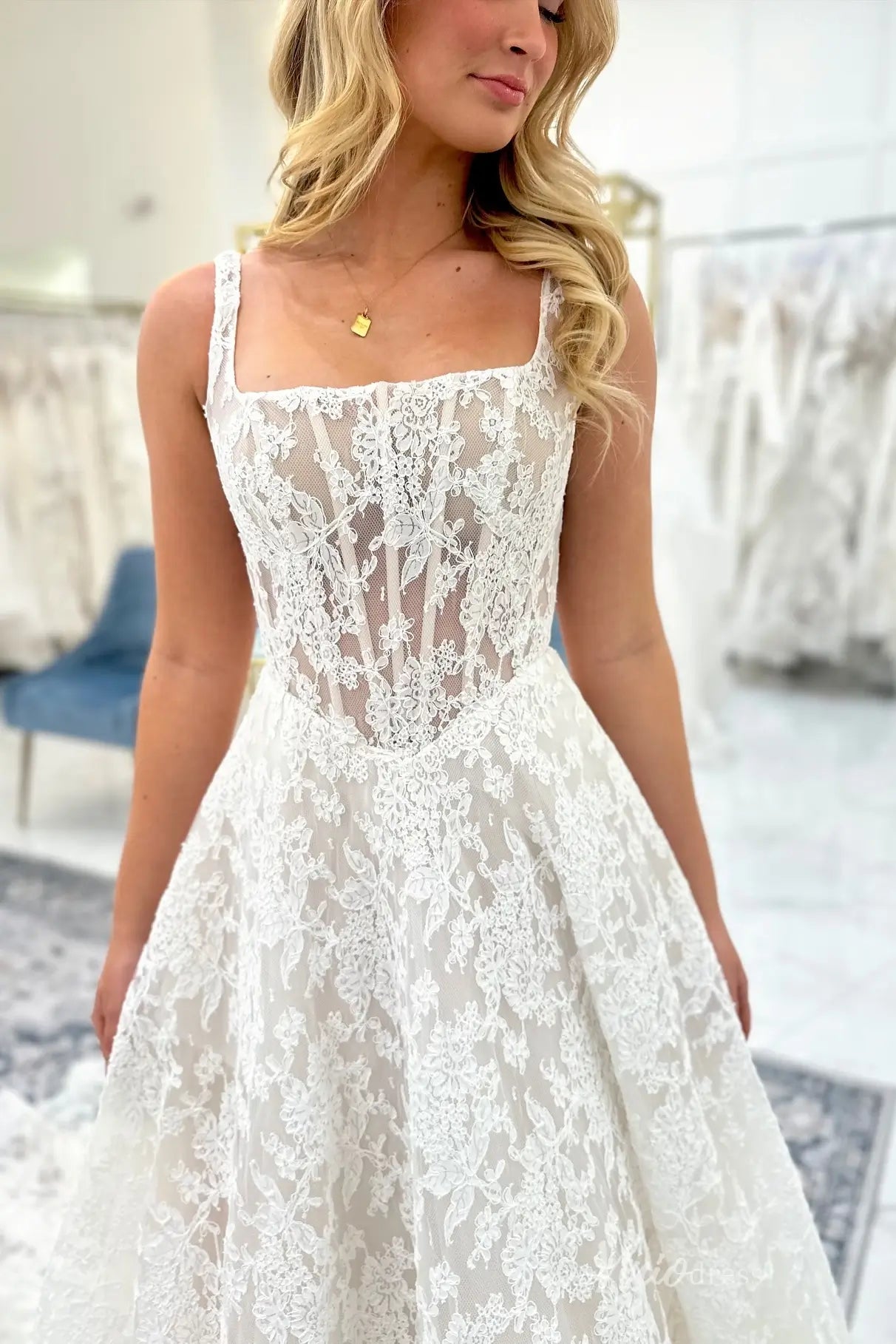 Ivory Floral Lace A-Line Wedding Dress with Square Neckline, Sheer Bodice & Chapel Train – LC109-wedding dresses 2026-Viniodress-Ivory-Custom Size-