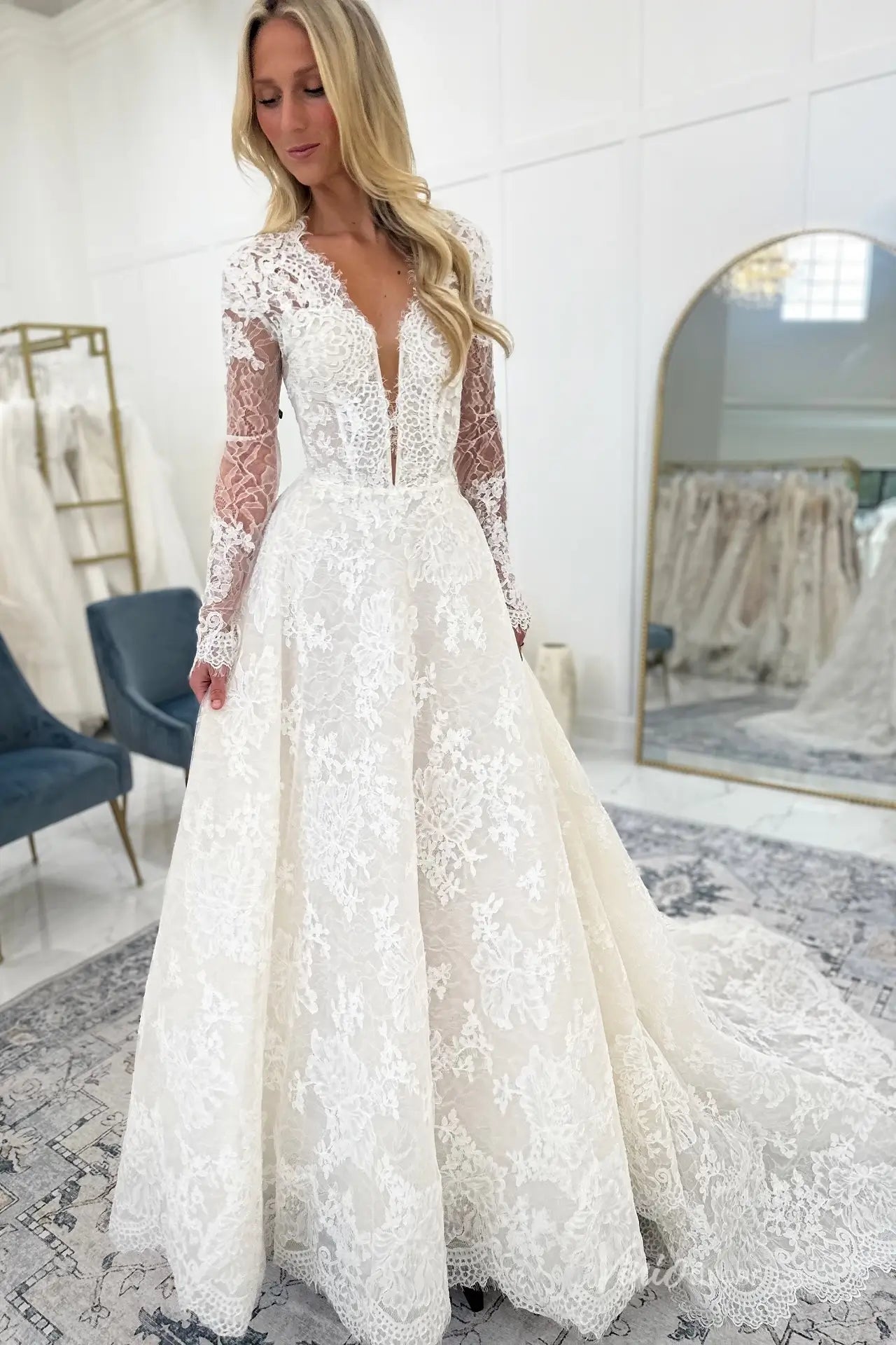 Ivory Lace A-Line Wedding Dress with Long Sleeves, Plunging V-Neck & Chapel Train – LC114