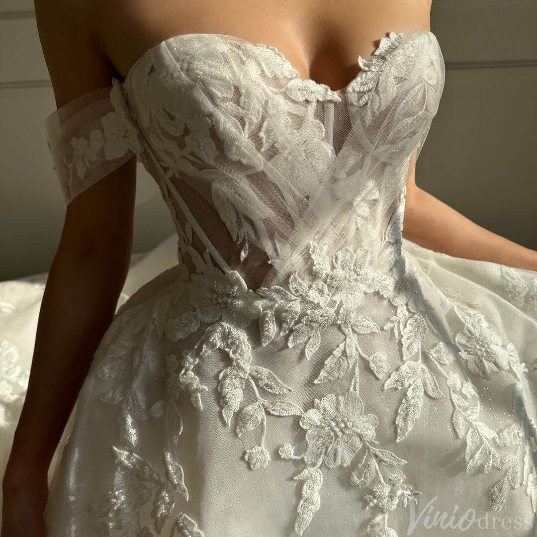 Ivory Lace Applique Outdoor Wedding Dresses Off the Shoulder Bridal Gown AW1034-wedding dresses 2025 -Viniodress-Ivory-Custom Size-