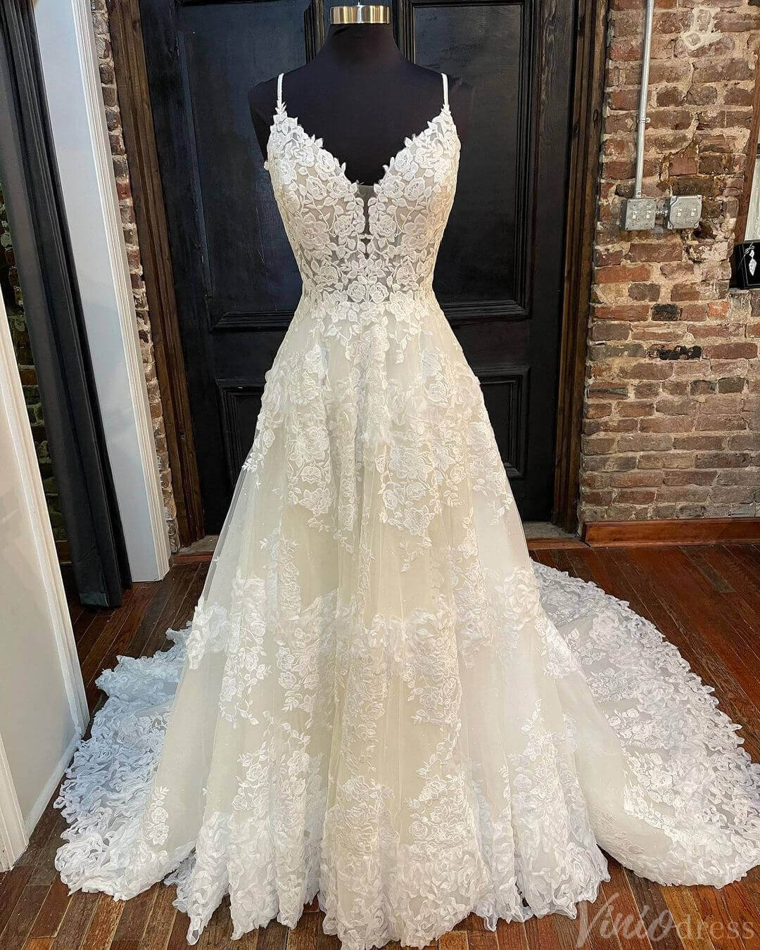 Ivory Lace Applique Spaghetti Strap Wedding Dresses V-Neck Chapel Trai –  Viniodress