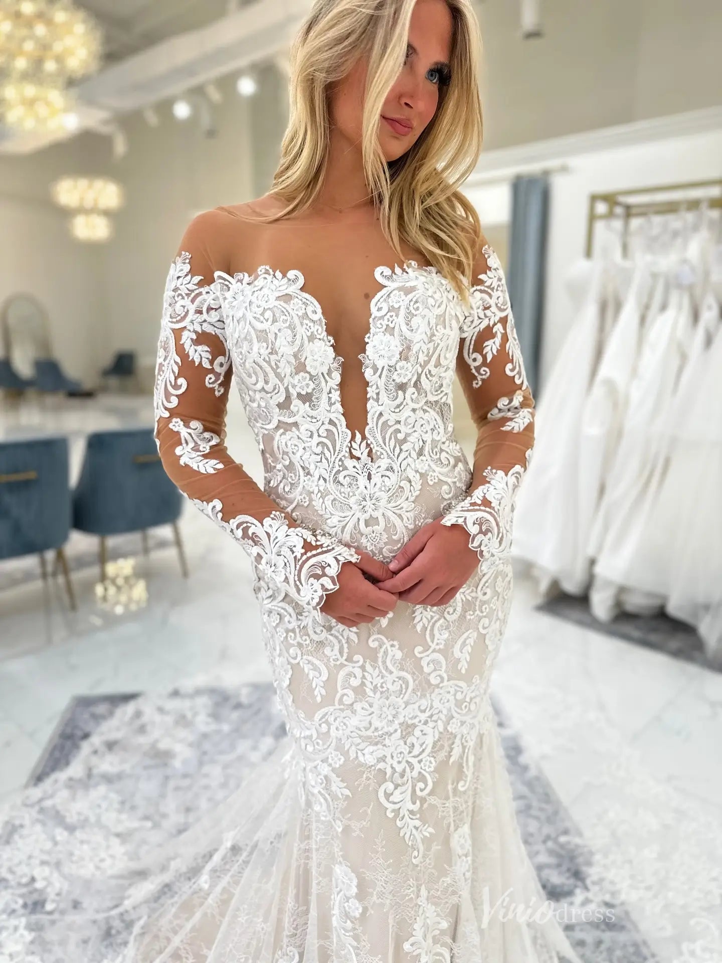 Ivory Lace Mermaid Wedding Dress with Long Sleeves, Deep V Illusion Bodice & Chapel Lace Train – ML165-wedding dresses 2026-Viniodress-Ivory-Custom Size-