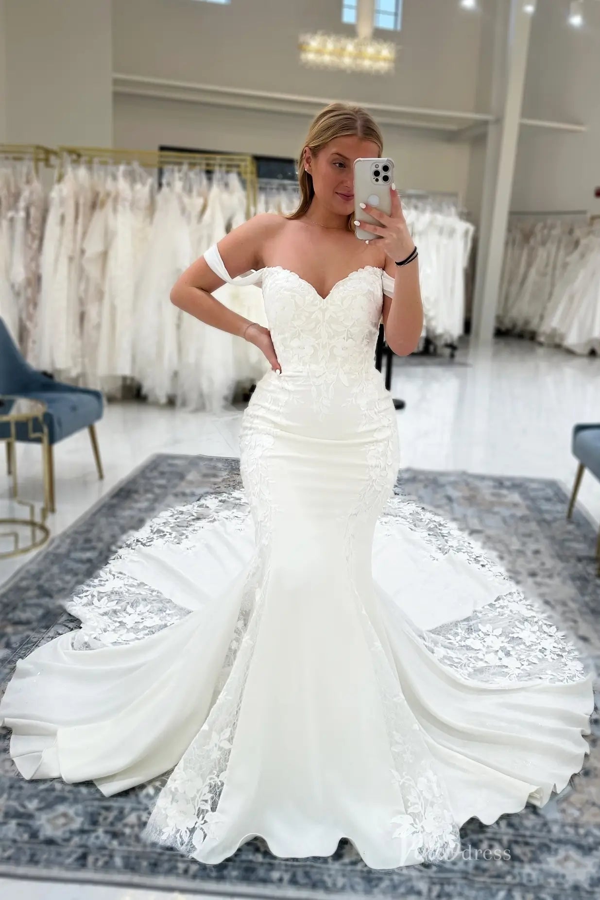 Ivory Lace Mermaid Wedding Dress with Off-the-Shoulder Sweetheart Neckline & Chapel Train – SL011