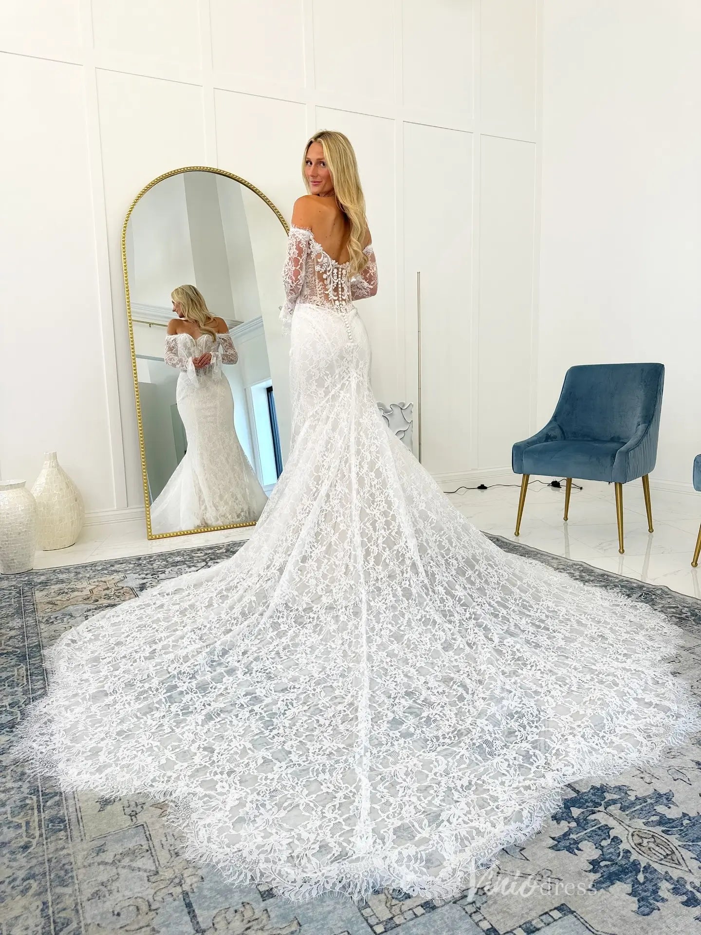 Ivory Off-The-Shoulder Lace Mermaid Wedding Dress with Sheer Bodice, Long Lace Sleeves & Chapel Lace Train – ML162