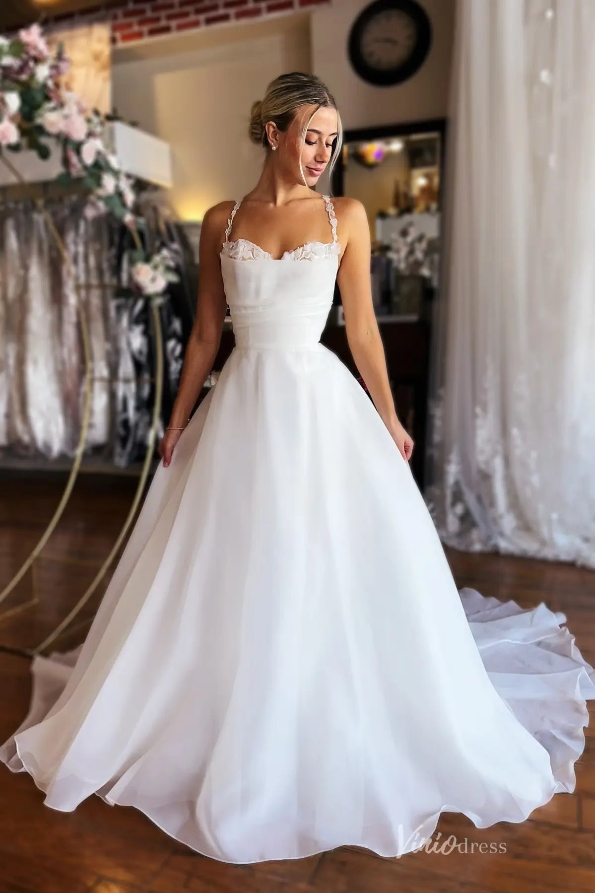 Ivory Organza A-Line Wedding Dress with Floral Appliqué Straps & Ruched Bodice – MS143