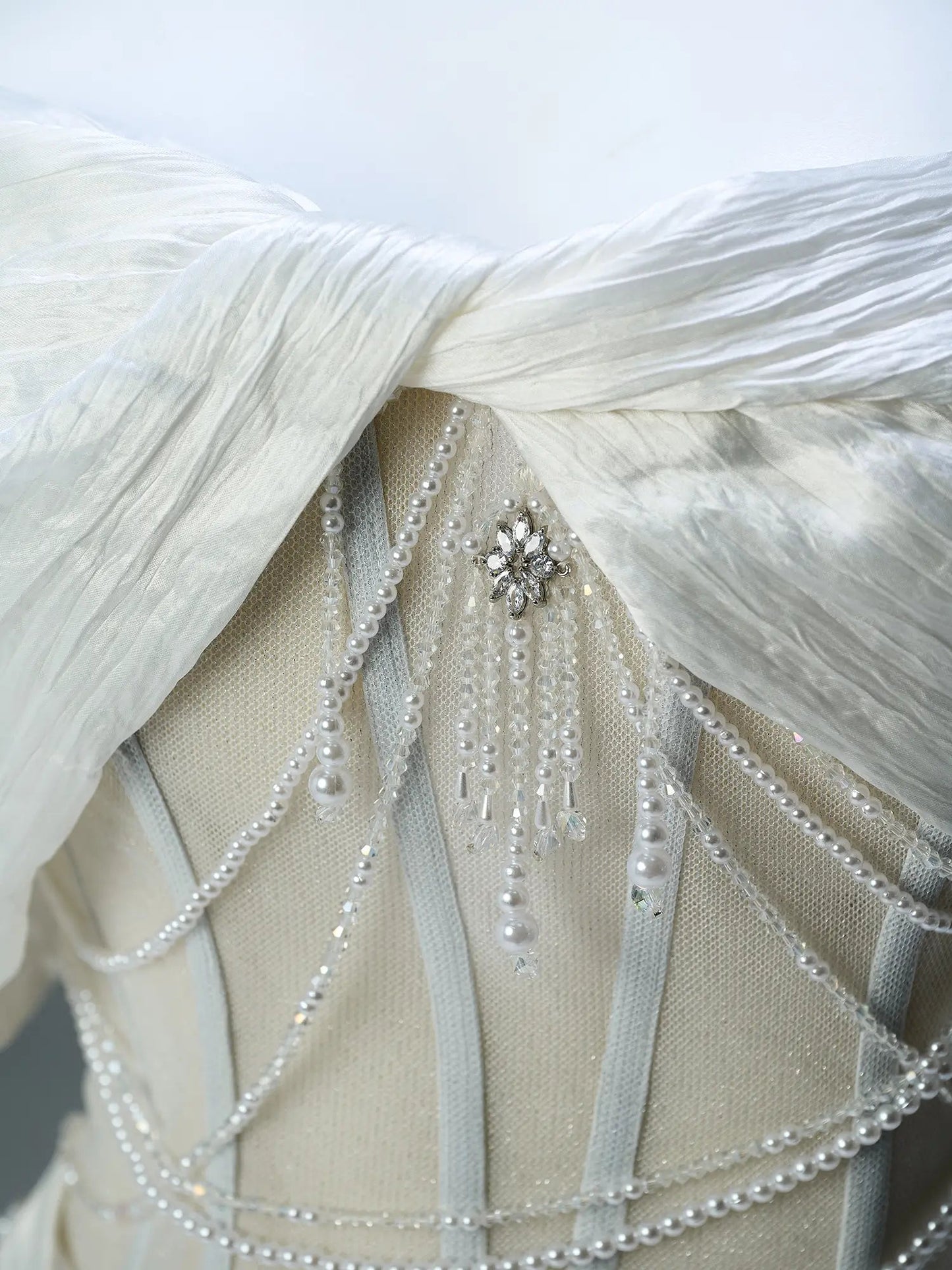 Ivory Pleated Tulle Sheath Prom Dresses with Pearl String & Boned Bodice - CQ0128-Couture Gown 2025 -Viniodress-Ivory-Custom Size-