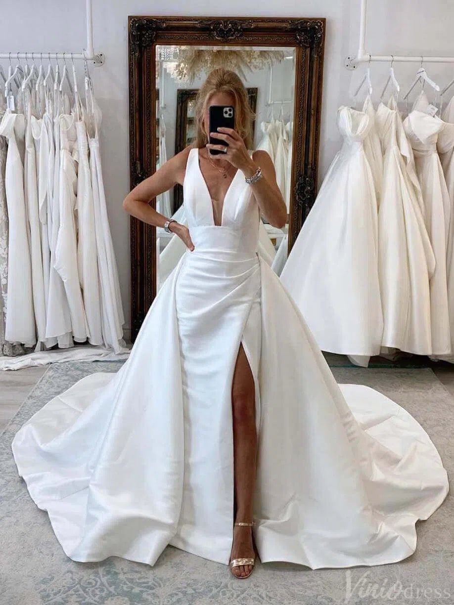 Ivory Satin Outdoor Wedding Dresses with Slit Overskirt V-Neck Country –  Viniodress