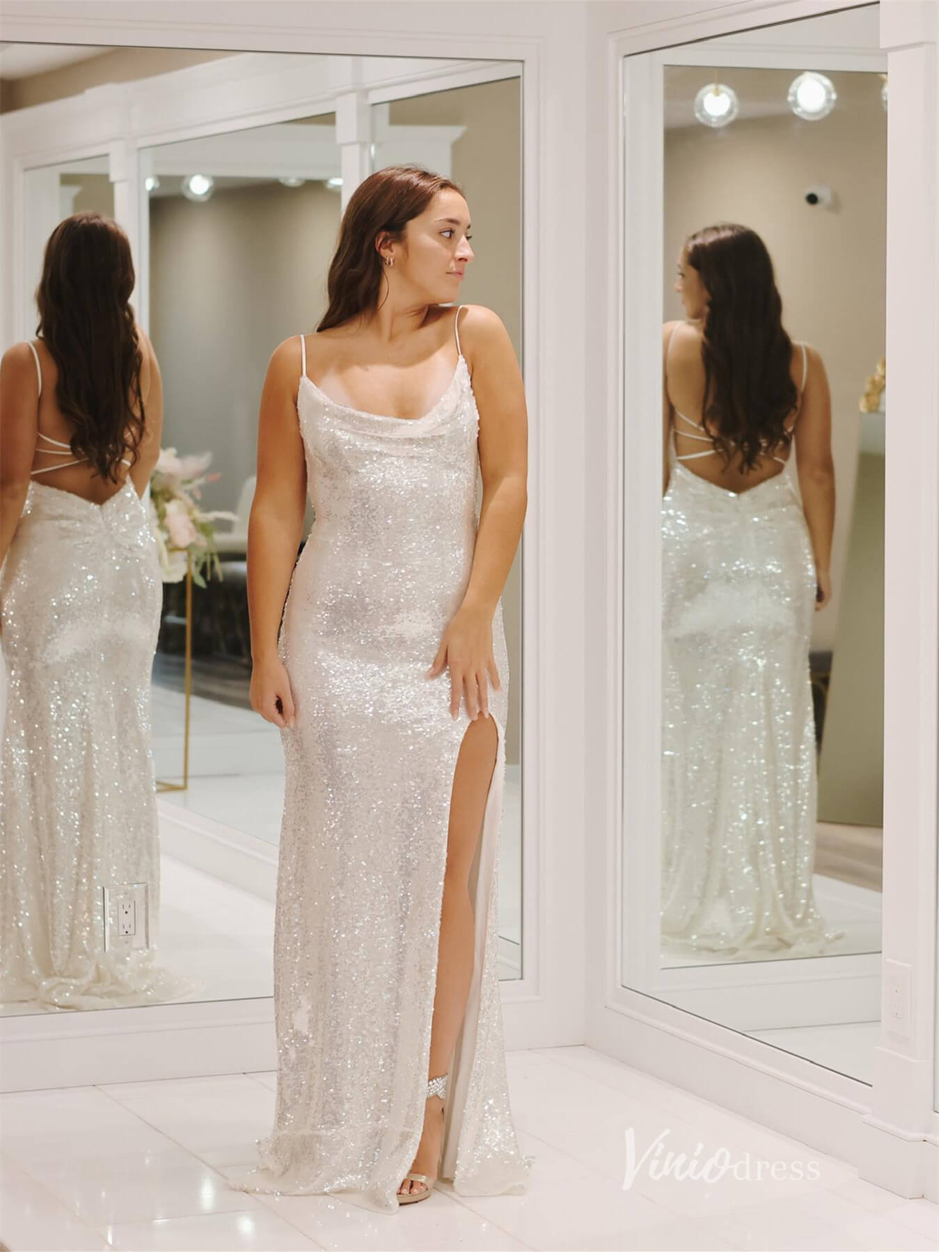 fitted lace wedding dress Ivory Sequin Mermaid Prom Dresses with Slit Spaghetti Strap Evening Dr –  Viniodress