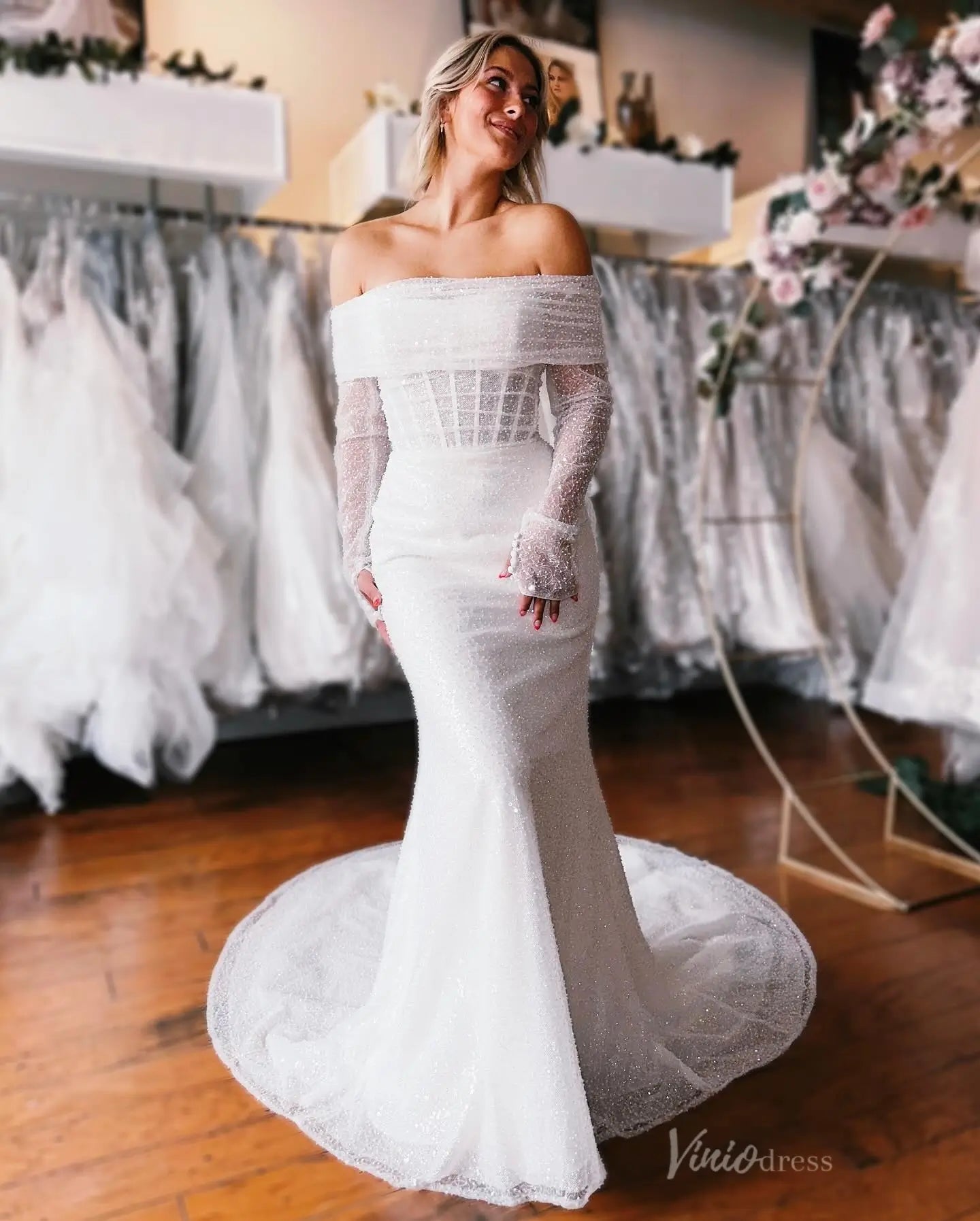 Ivory Sparkle Mermaid Wedding Dress with Off-Shoulder Neckline & Removable Sleeves – ML151-wedding dresses 2025 -Viniodress-Ivory-Custom Size-