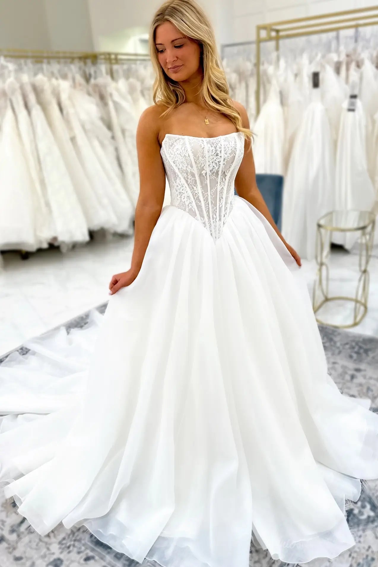 Ivory Strapless Lace Corset Organza Ball Gown Wedding Dress – MS158 – Viniodress Ivory Strapless Lace Corset Organza Ball Gown Wedding Dress – MS158 – Viniodress