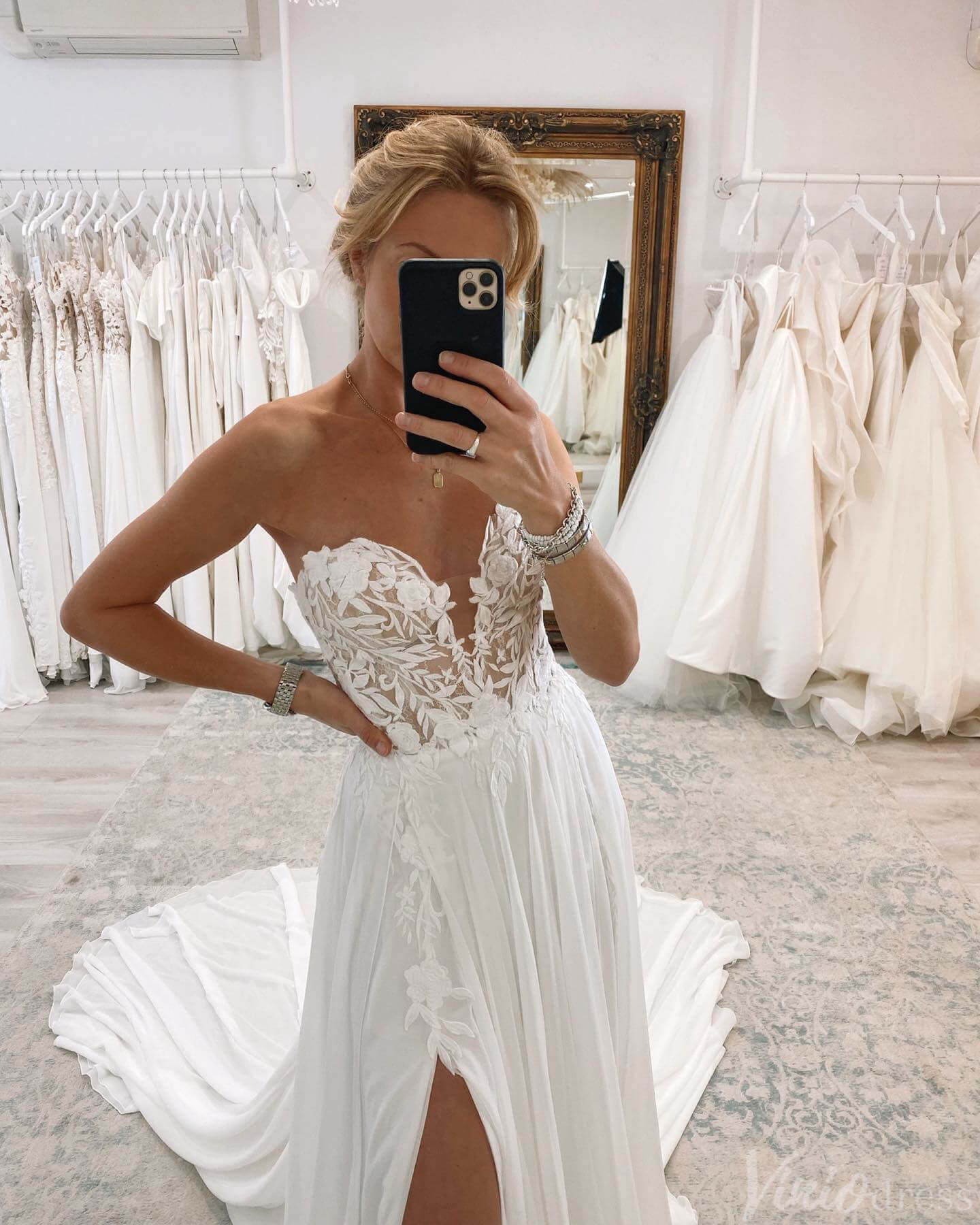 Ivory Sweetheart Lace Applique Wedding Dresses with Slit Strapless Chiffon Bridal Gown AW1017-wedding dresses 2025 -Viniodress-Ivory-Custom Size-