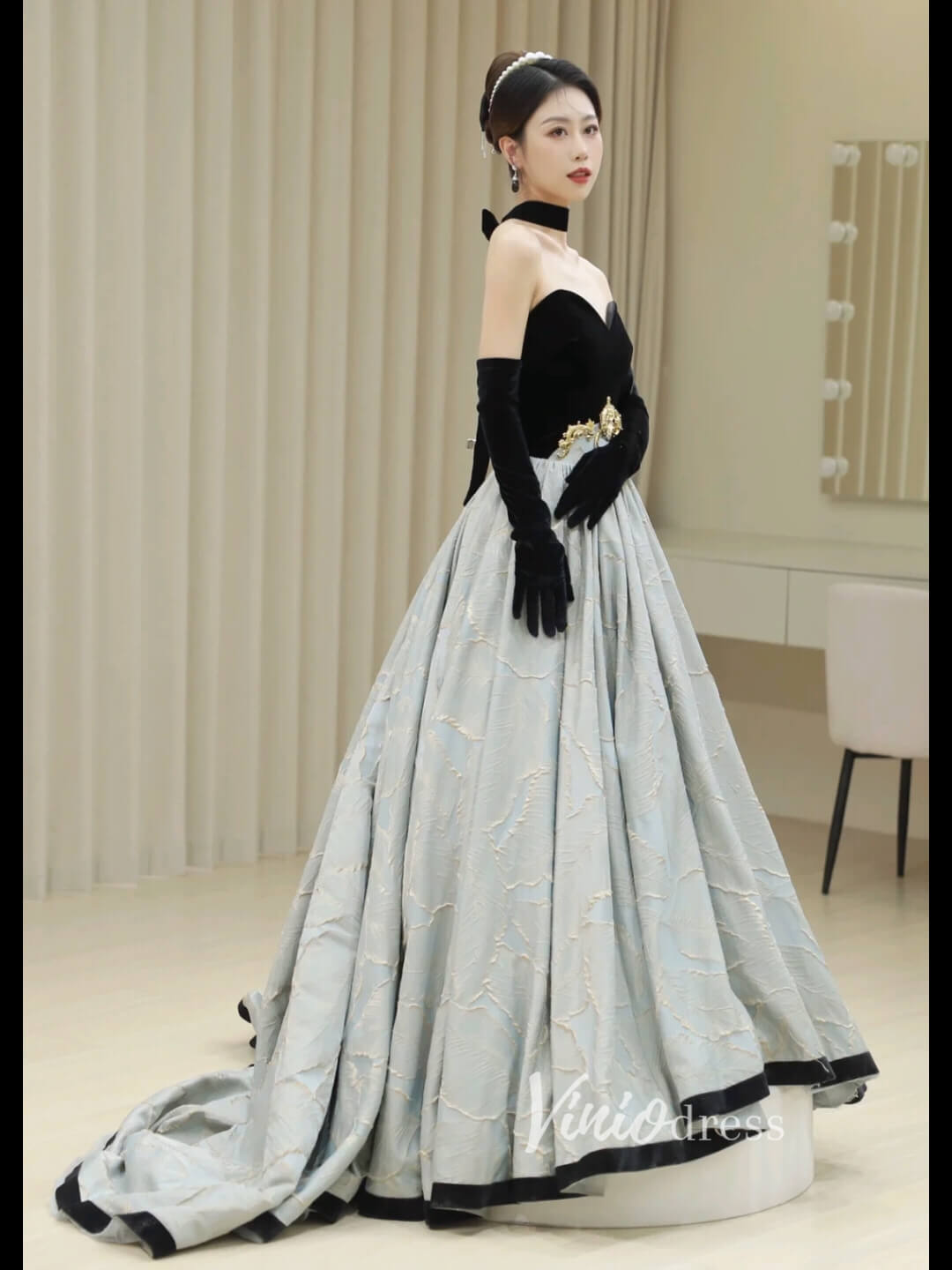 Jacquard Satin Prom Dresses Strapless Velvet Formal Gown FD2784B-prom dresses 2025 -Viniodress-Black-Custom Size-