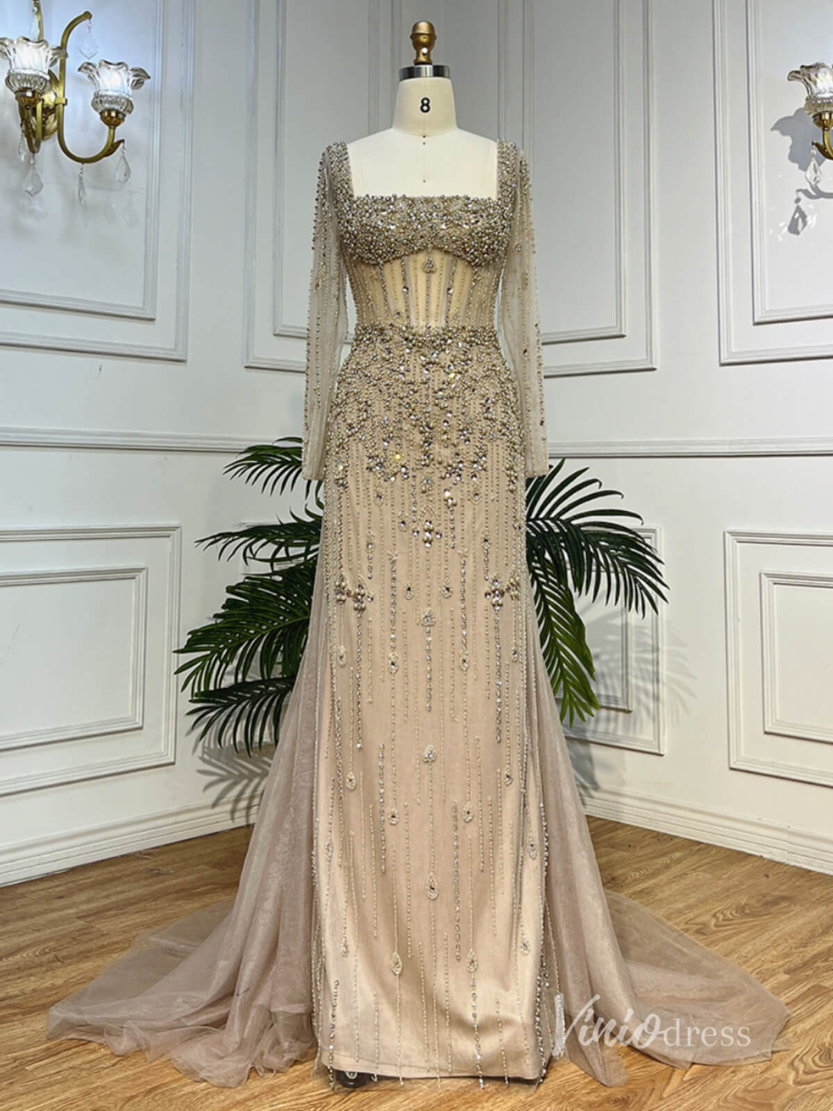 chinese dress ladies Khaki Beaded Long Sleeve Evening Dresses with Overskirt Mother of the –  Viniodress