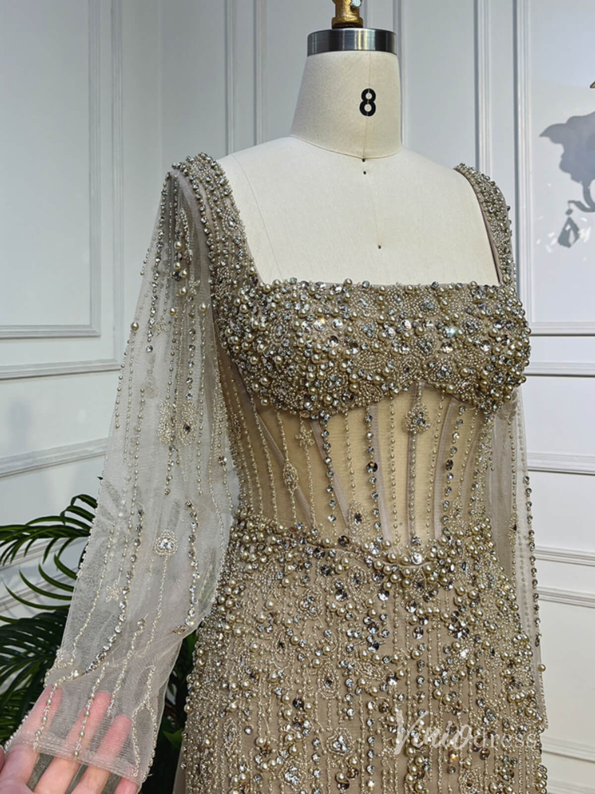 Khaki Beaded Long Sleeve Evening Dresses with Overskirt Mother of the Bride Dresses AD1124-Evening Dresses 2025 -Viniodress-Khaki-US 2-