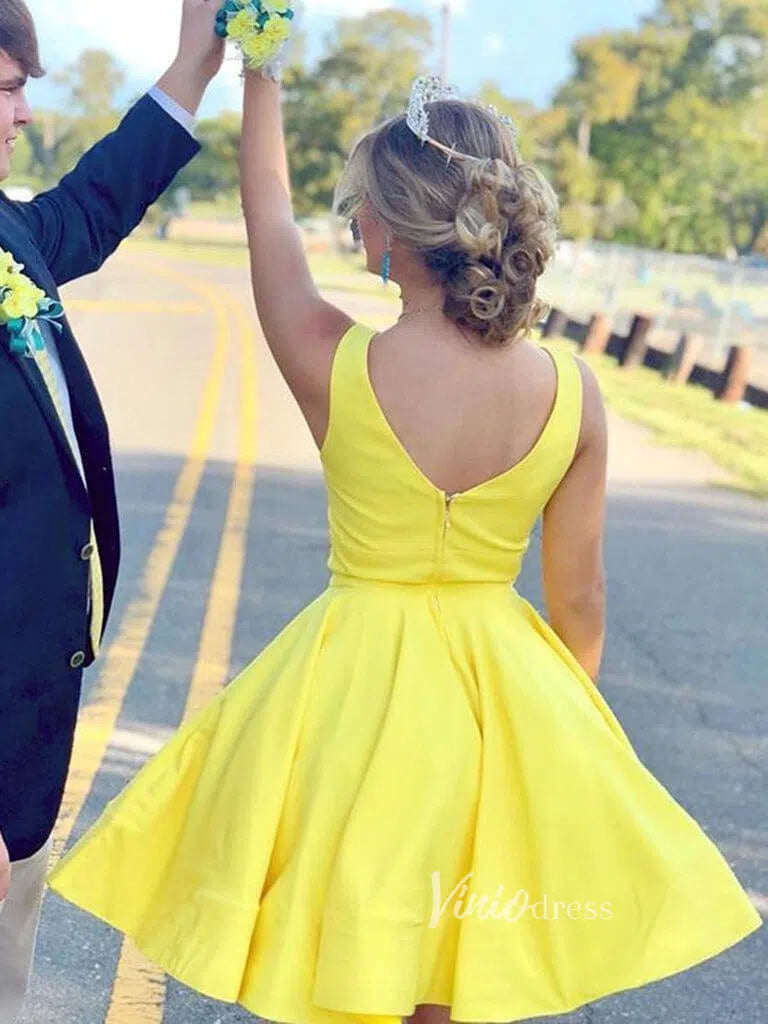 Knee Length Yellow Graduation Dresses for Teens V Neck Hoco Dress SD12 –  Viniodress