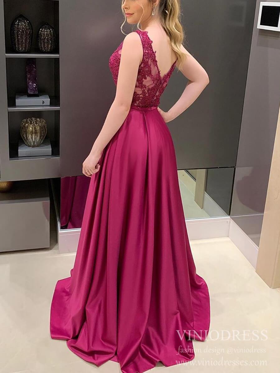 Lace Appliqued Magenta Satin Prom Dresses V neck Formal Dress FD2088