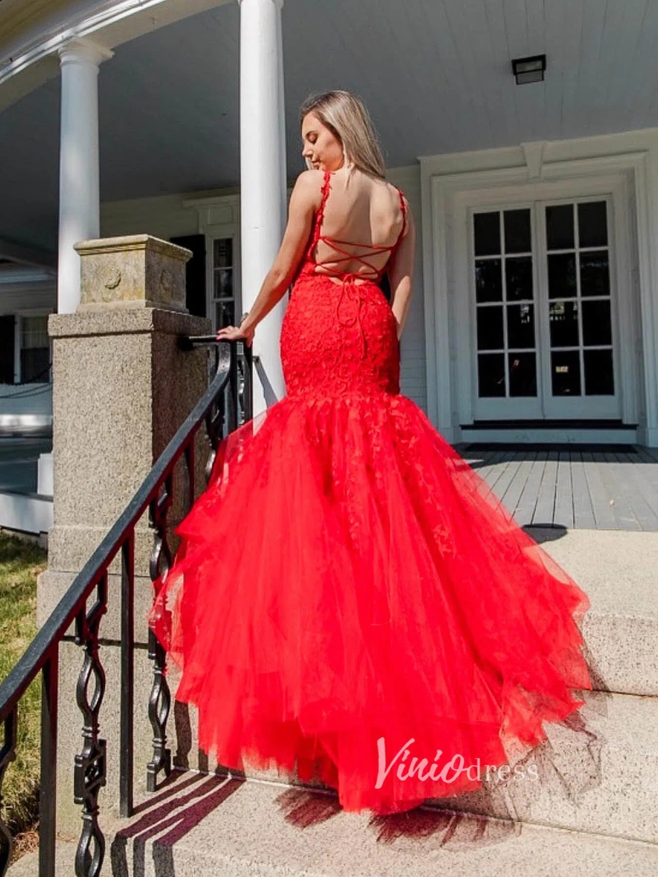 Pink Lace Appliqued Mermaid Prom Dresses Lace up back FD1250C-prom dresses 2025 -Viniodress-Pink-Custom Size-