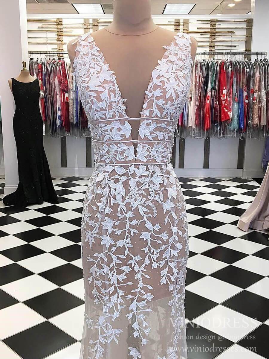 Lace Appliqued Nude Prom Dresses Deep V Neck Sheath Formal Dress FD2128-prom dresses 2025 -Viniodress-As Picture-Custom Size-