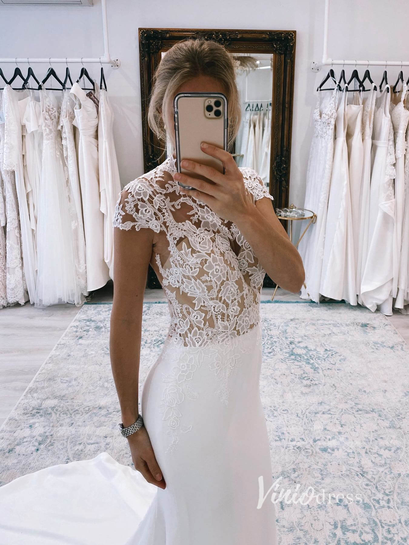 Lace Appliqued Satin Modern Wedding Dresses Cap Sleeve VW2145-wedding dresses 2025 -Viniodress-Ivory-Custom Size-