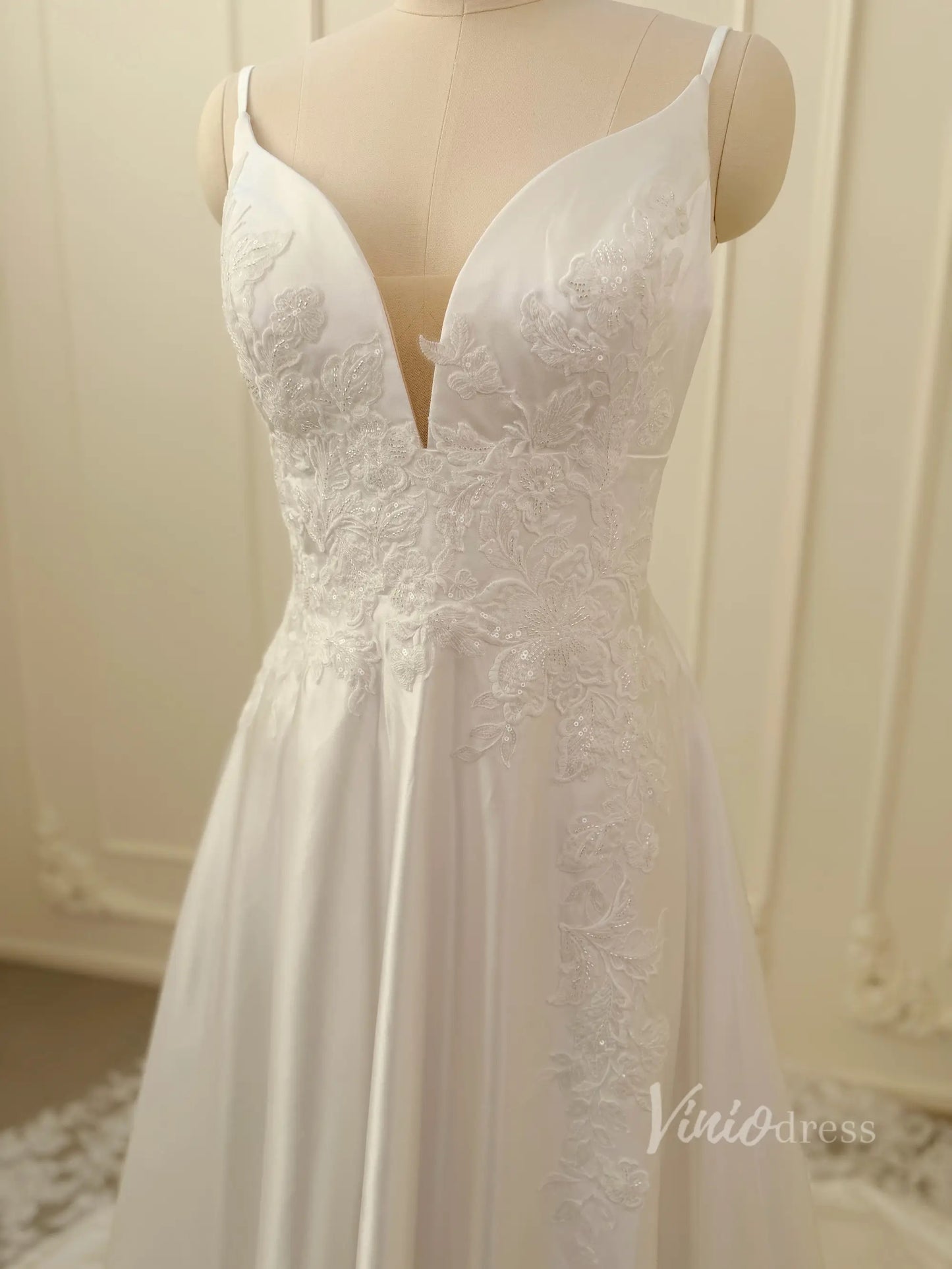 Lace Appliqued Satin Wedding Dress with Spaghetti Straps, Pockets, Plunging V Neck, Chapel Train – LA110-wedding dresses 2026-Viniodress-Ivory-Custom Size – Add Measurements in Cart-