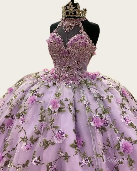 Lavender 3D Flower Quinceanera Dress Halter Sweetheart Neck Ball Gown Corset Back AD1359-Quinceanera Dresses 2026-Viniodress-Lavender-Custom Size – Add Measurements in Cart-
